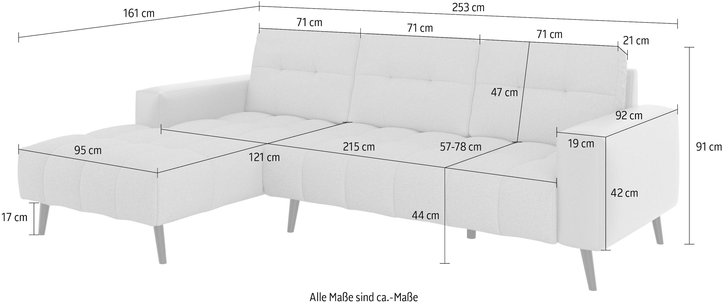 INOSIGN Ecksofa »SERINE mit Recamiere rechts/links bestellbar, Maße B/H/T 253/91/161 cm«, L-Form mit Wellenunterfederung, 3 Rückenkissen, ohne Bettfunktion