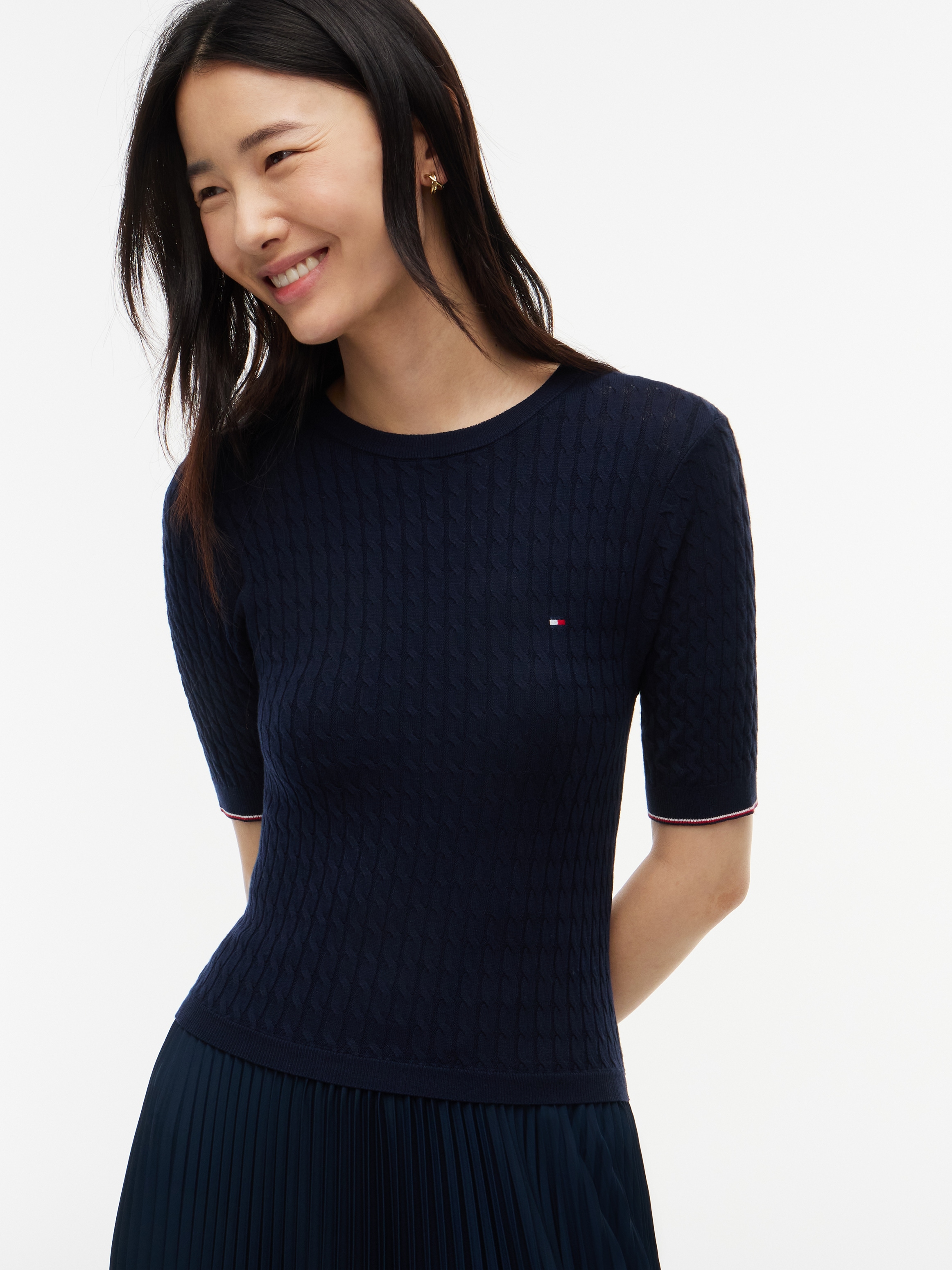 Tommy Hilfiger Midikleid »PREPPY MIX MEDIA MIDI DRESS« Kunstfaser, Zopfstrickmuster