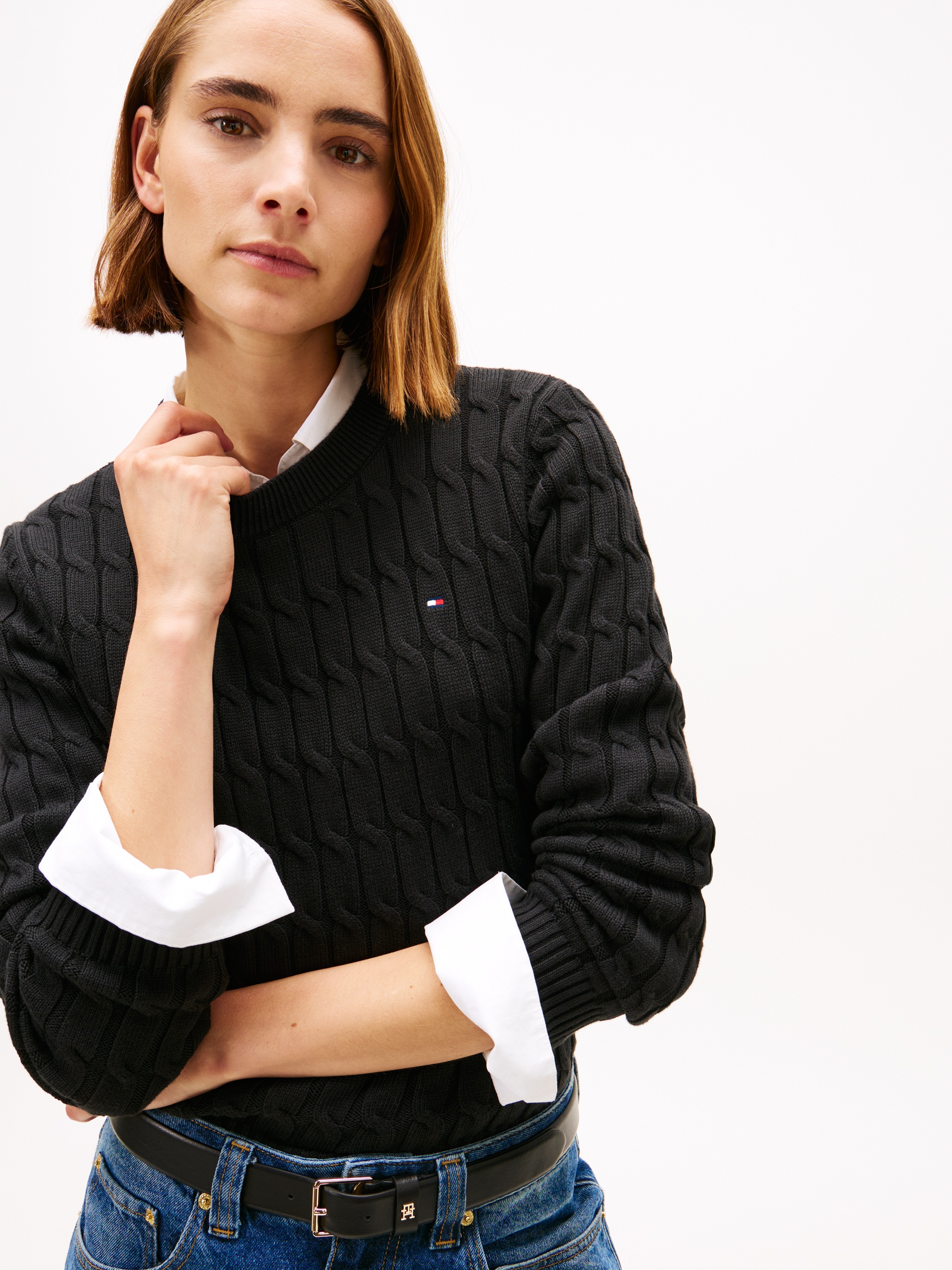 Tommy Hilfiger Rundhalspullover "CO CABLE MID GG C-NK LS SWT" mit Zopfmuste günstig online kaufen