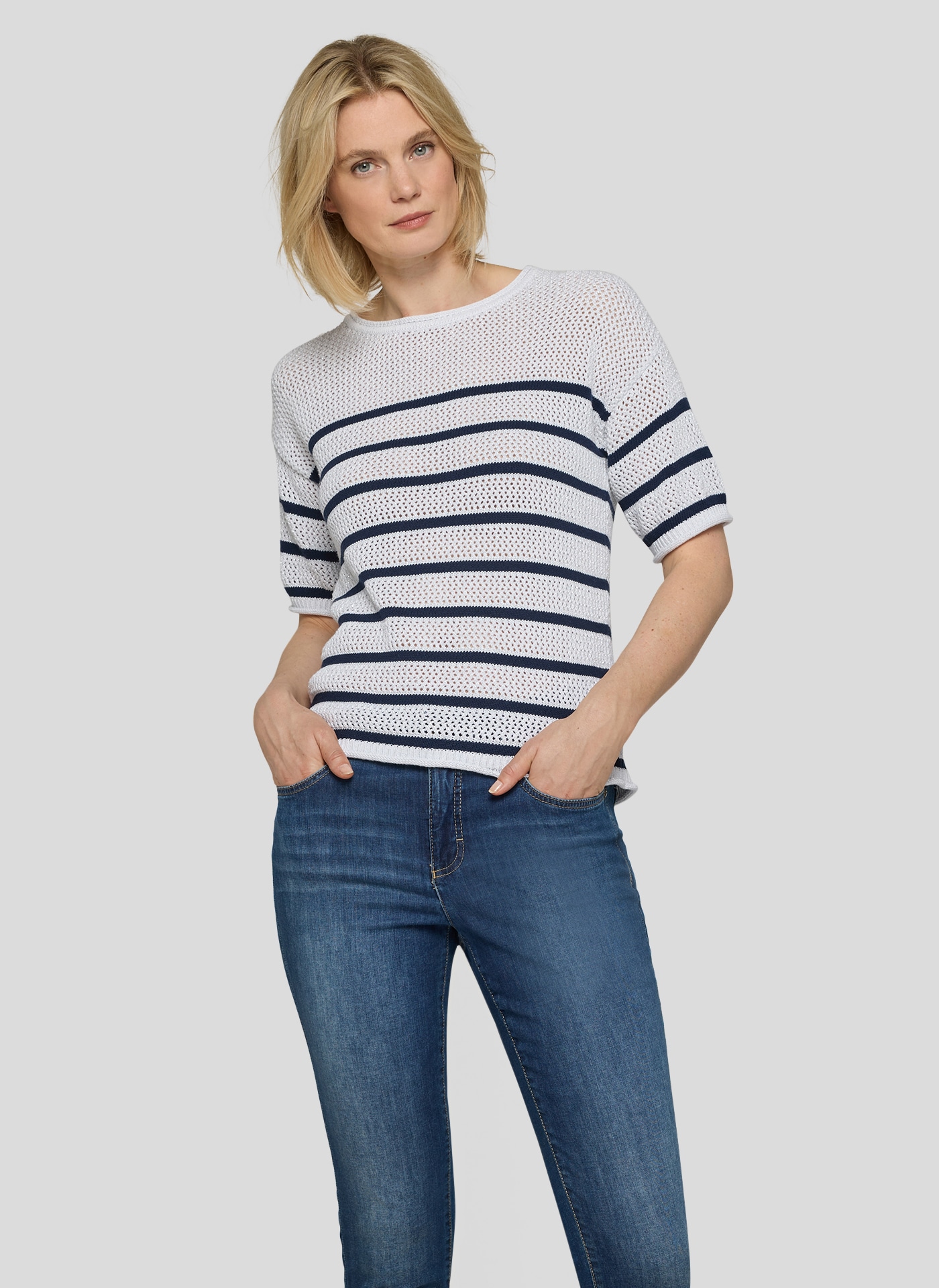 Rabe Strickpullover Halbarm-Strickpullover mit Streifen und im Häkel-Look günstig online kaufen