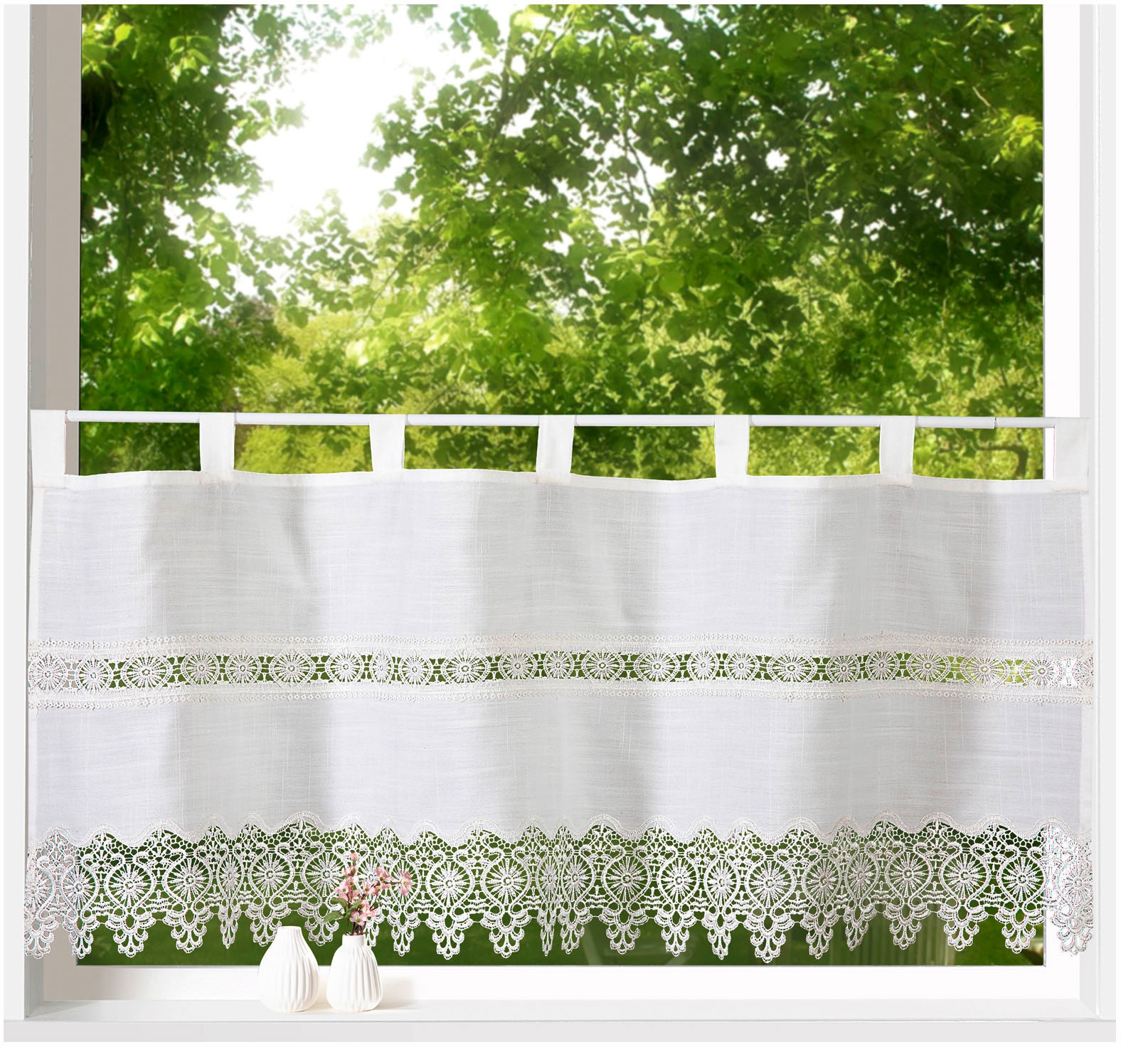 Thumbnail - Weckbrodt Scheibengardine "Tamino" Schlaufen 1 Stk. tlg. Bistro, Gardine, blickdicht, Häkelborte u.Bordüre, HxB 45x120cm...