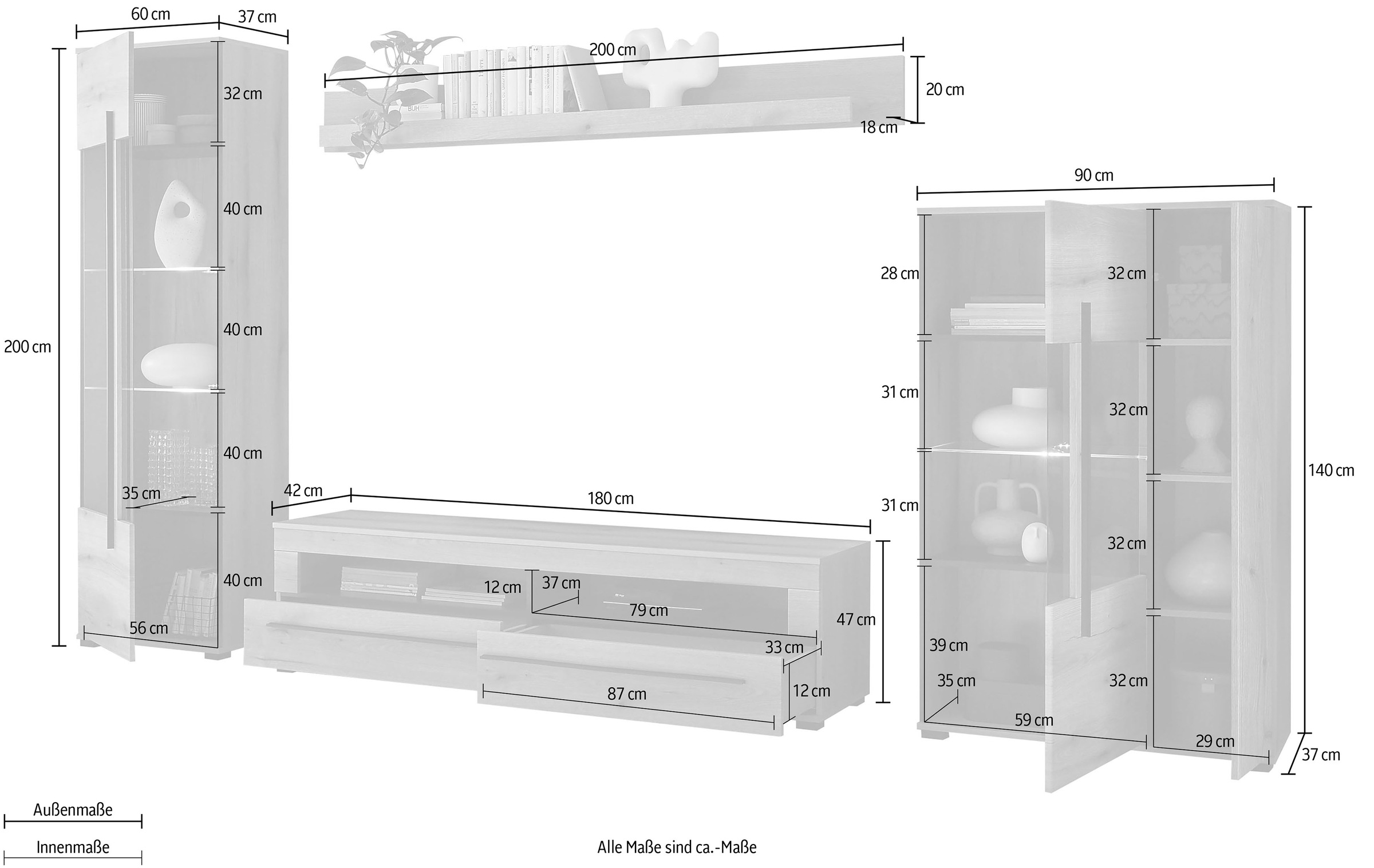 INOSIGN Wohnwand »Cantara, moderne Anbauwand, Wohnzimmer-Set, in Eiche Evoke oder Weiß«, (Set, 4 St.), enthält zwei Vitrinen, ein Lowboard und ein Wandboard