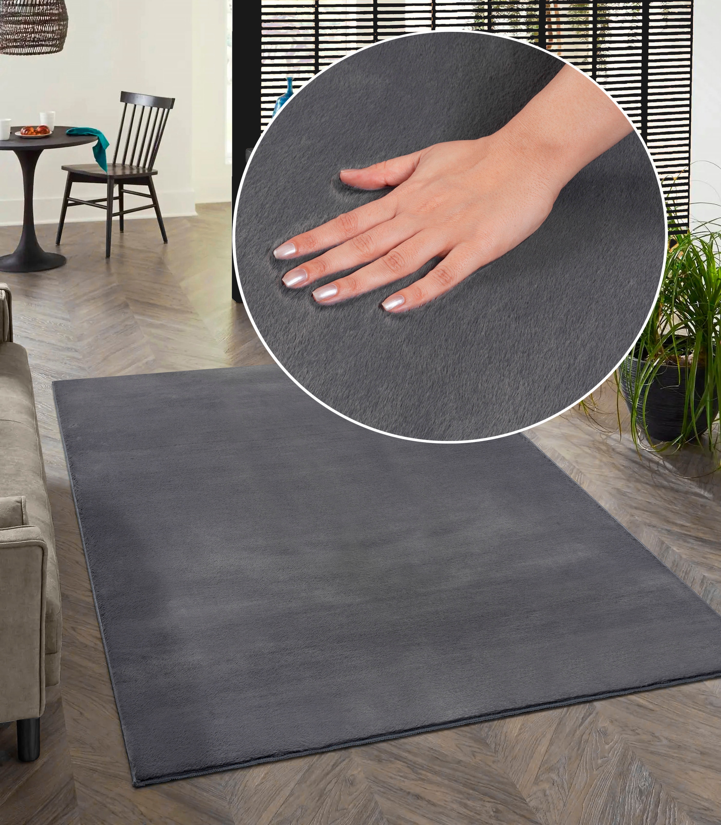 Teppich MERINOS "Focus 47", grau (anthrazit), B:200cm H:11mm L:280cm, Polyester, Teppiche, Teppich, Fellteppich, weich und elegant, Wohnzimmer, Schlafzimmer