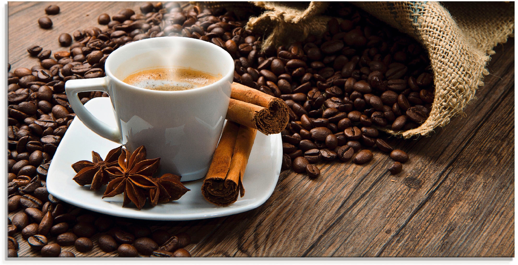 Black Friday Artland Glasbild »Kaffeetasse Leinensack mit Kaffeebohnen«,  Getränke, (1 St.), in verschiedenen Größen | BAUR