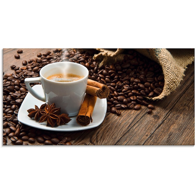 Black Friday Artland Glasbild »Kaffeetasse Leinensack mit Kaffeebohnen«,  Getränke, (1 St.), in verschiedenen Größen | BAUR