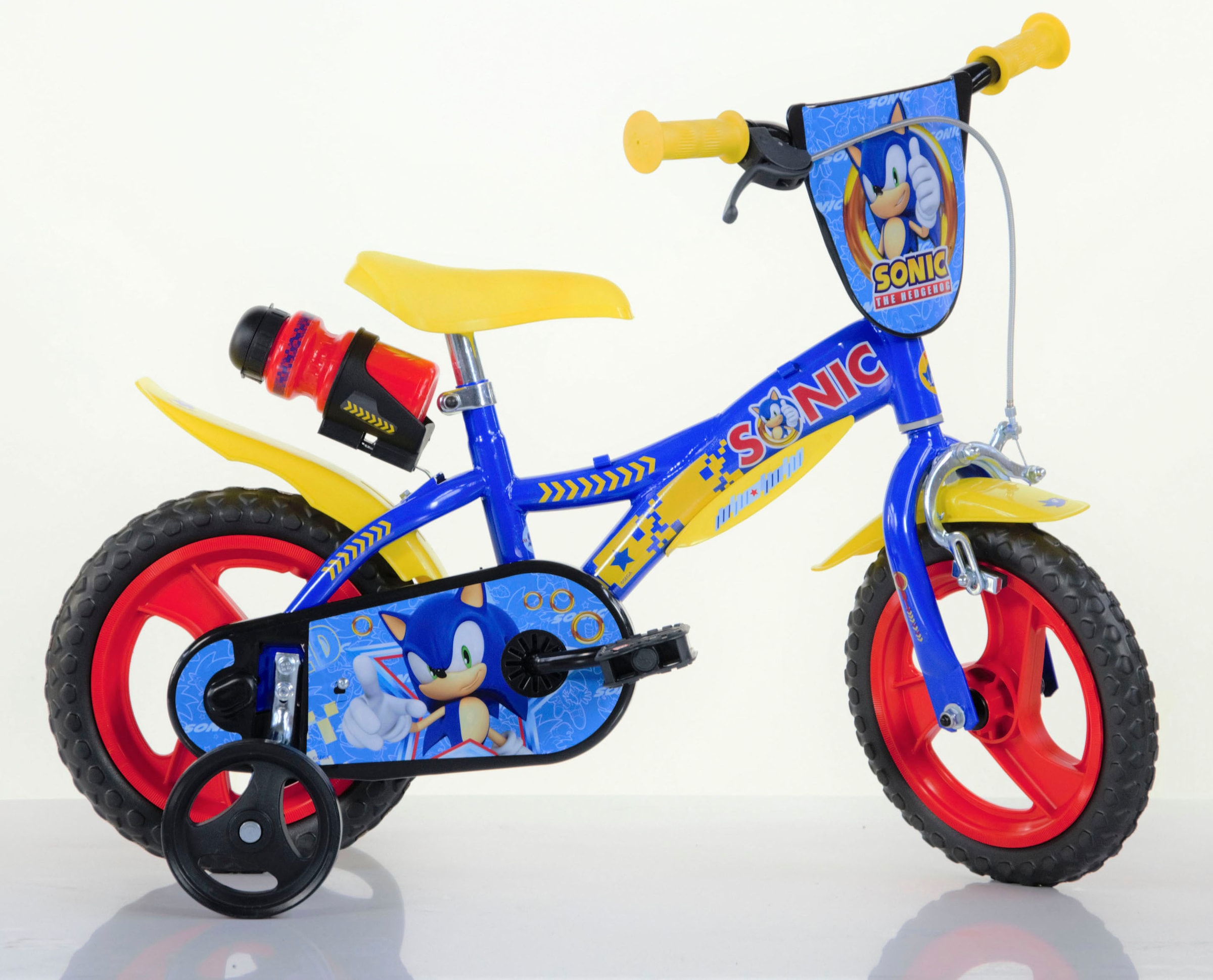 Dino Bikes Kinderfahrrad "12" Sonic Jungenfahrrad stabiler Stahl-Rahmen, Stützräder, kindgerecht" 1 Gang mit Stützrädern, Trinkflasche und Frontschild