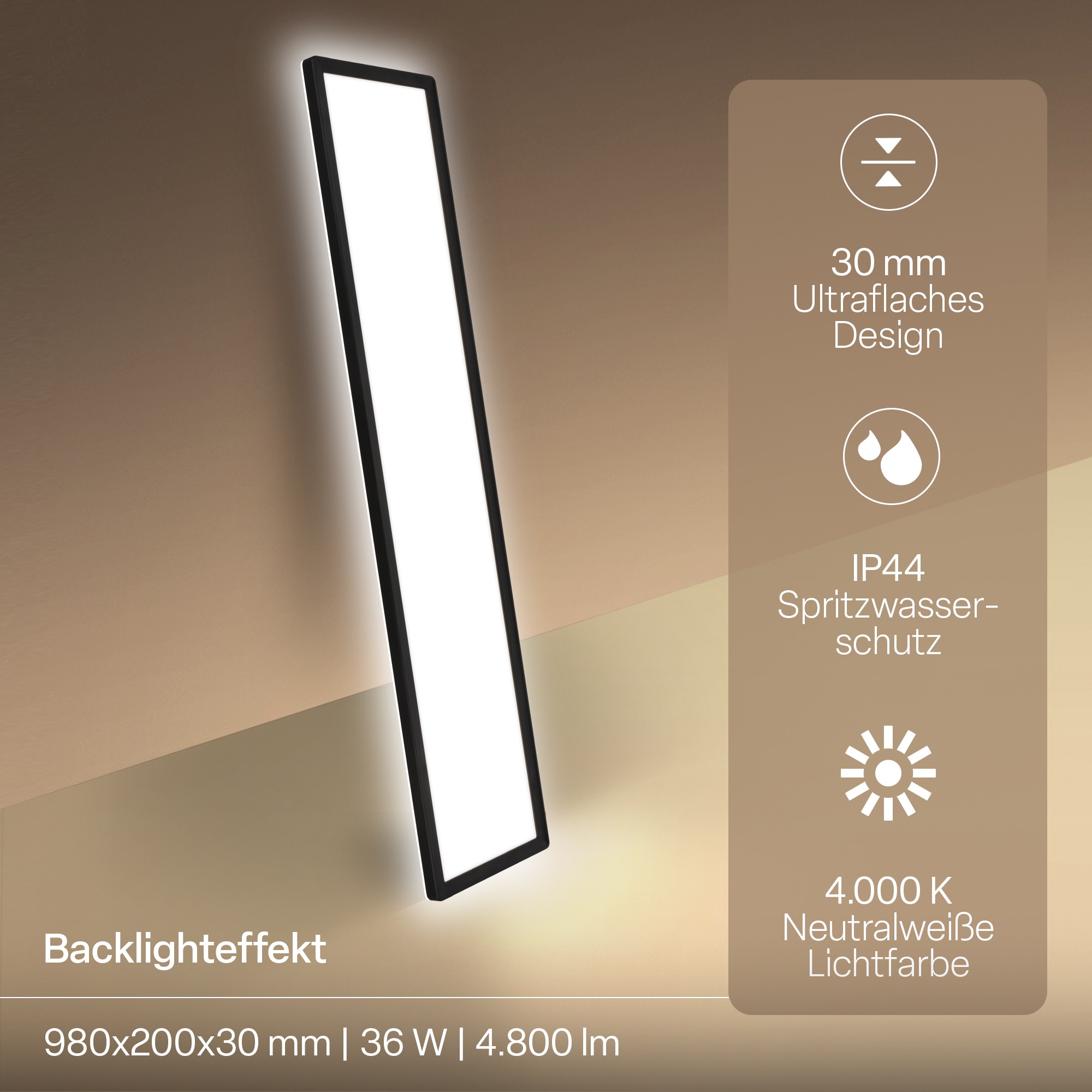 B.K.Licht LED Panel »SHALLOW« LED-Board 1 Stk. Neutralweiß 98x20x3 cm, Badlampe, Badezimmer, Küche, Wohnzimmer