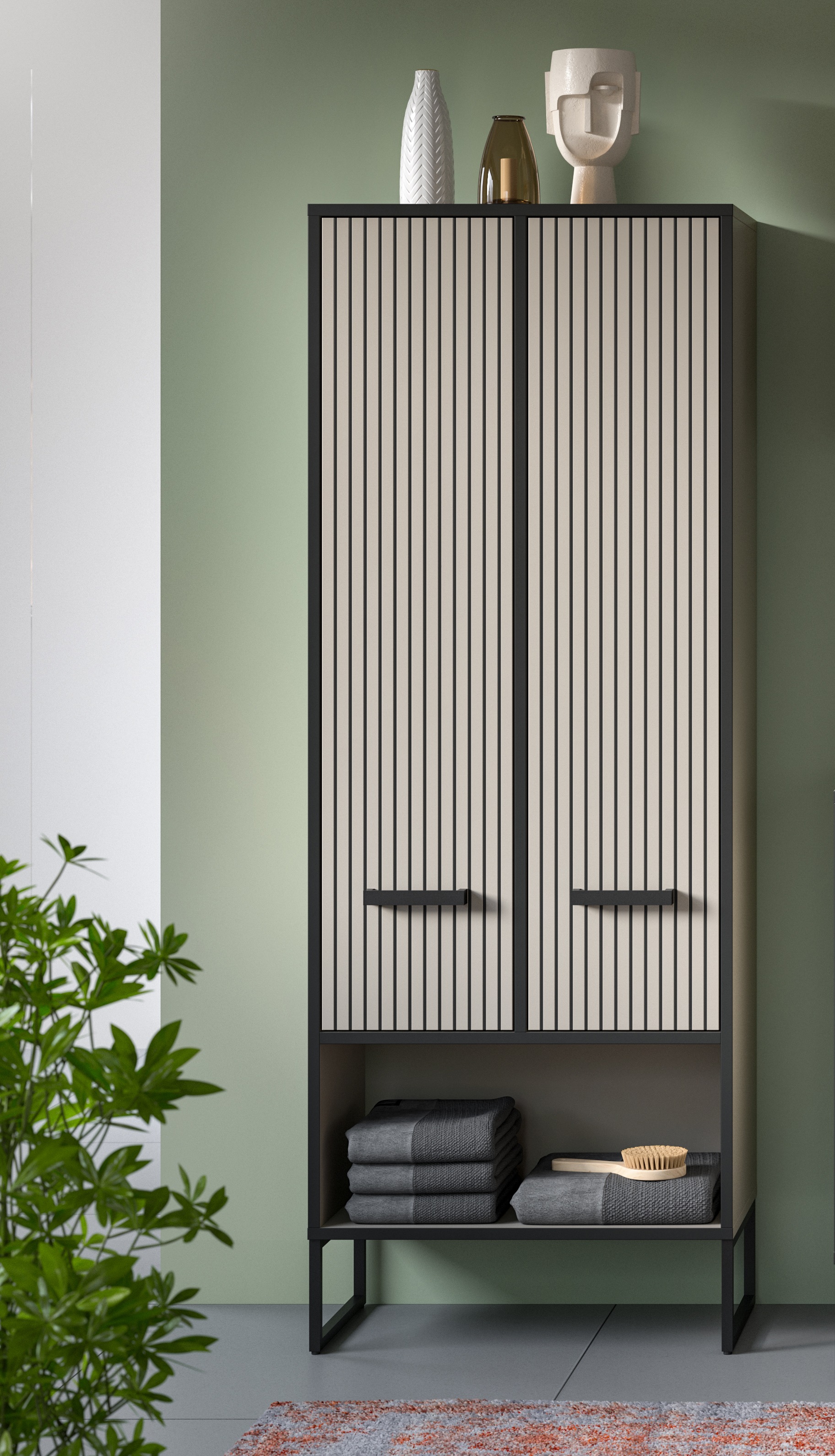 welltime Hochschrank "Locri, Höhe 159 cm, Rillenoptik, Metallkufen", (1 St. günstig online kaufen