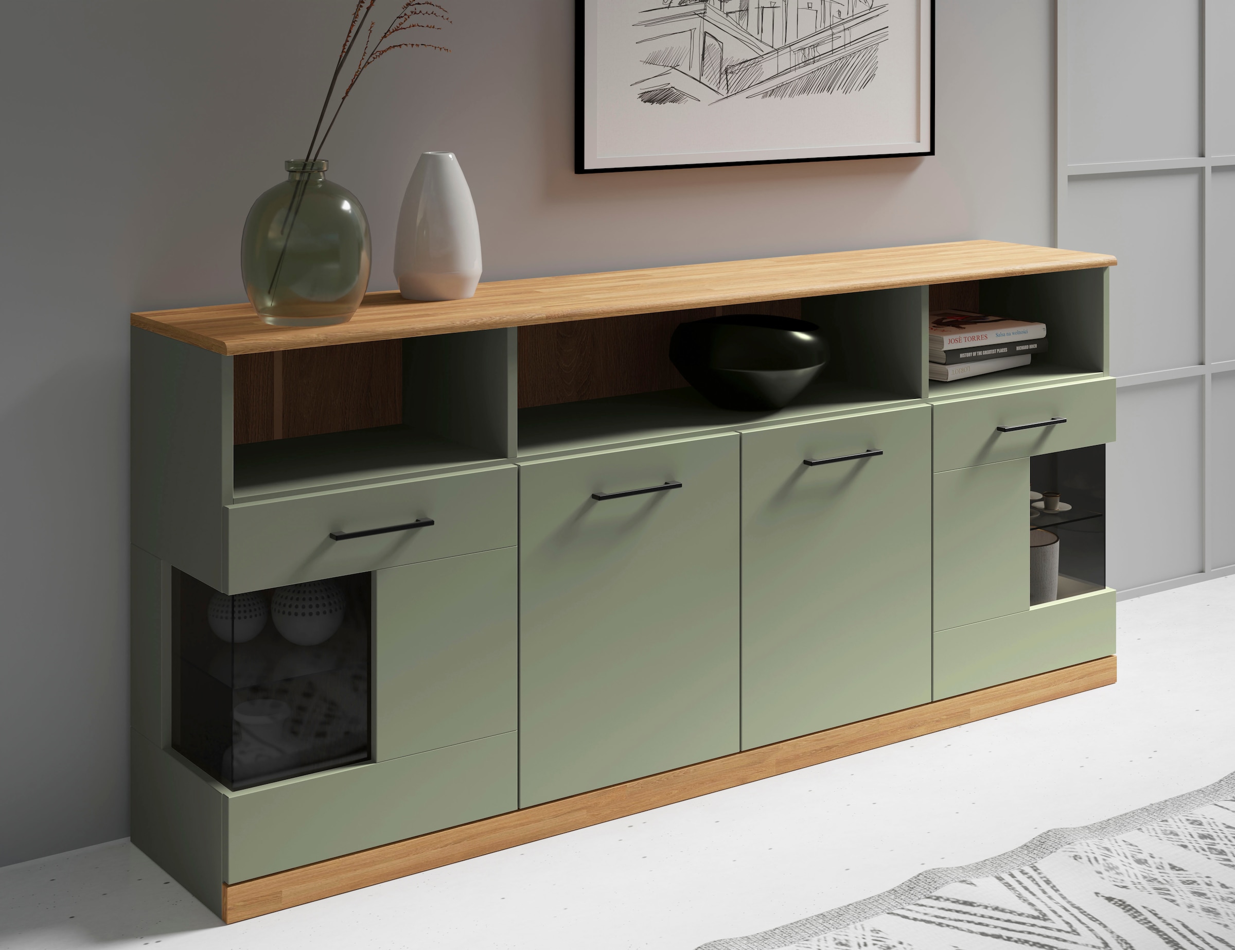 Home affaire Sideboard "Ribe,180cm breit,80cm hoch, 9 Fächer", Oberplatte E günstig online kaufen