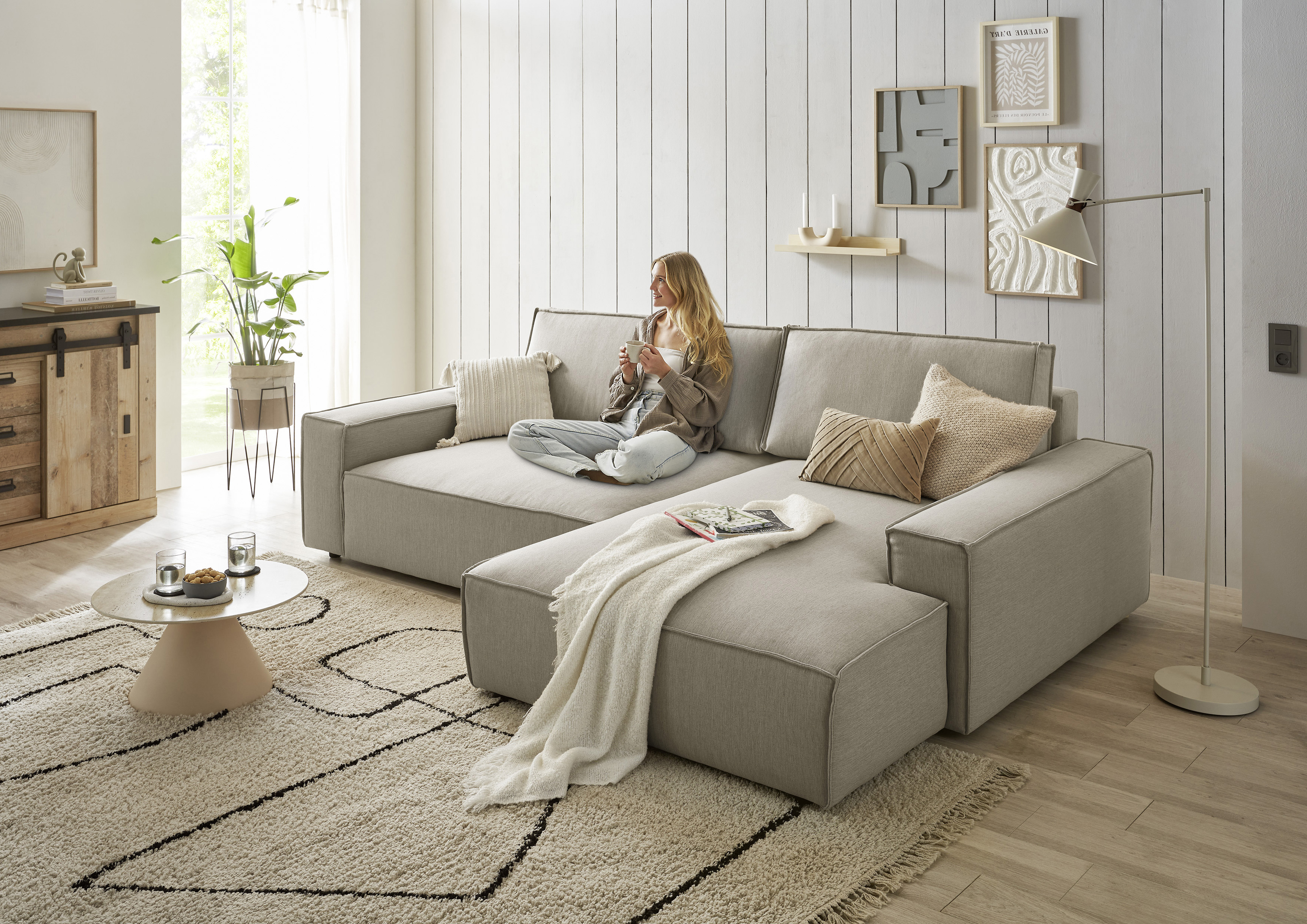 OTTO home Ecksofa "SHERWOOD XXL Leinenoptik 284, Big-Sofa L-Form, tiefe Sitzfläche 95 cm" Recamiere rechts/links, als Schlafsofa stellbar, Cord u. Leinenoptik
