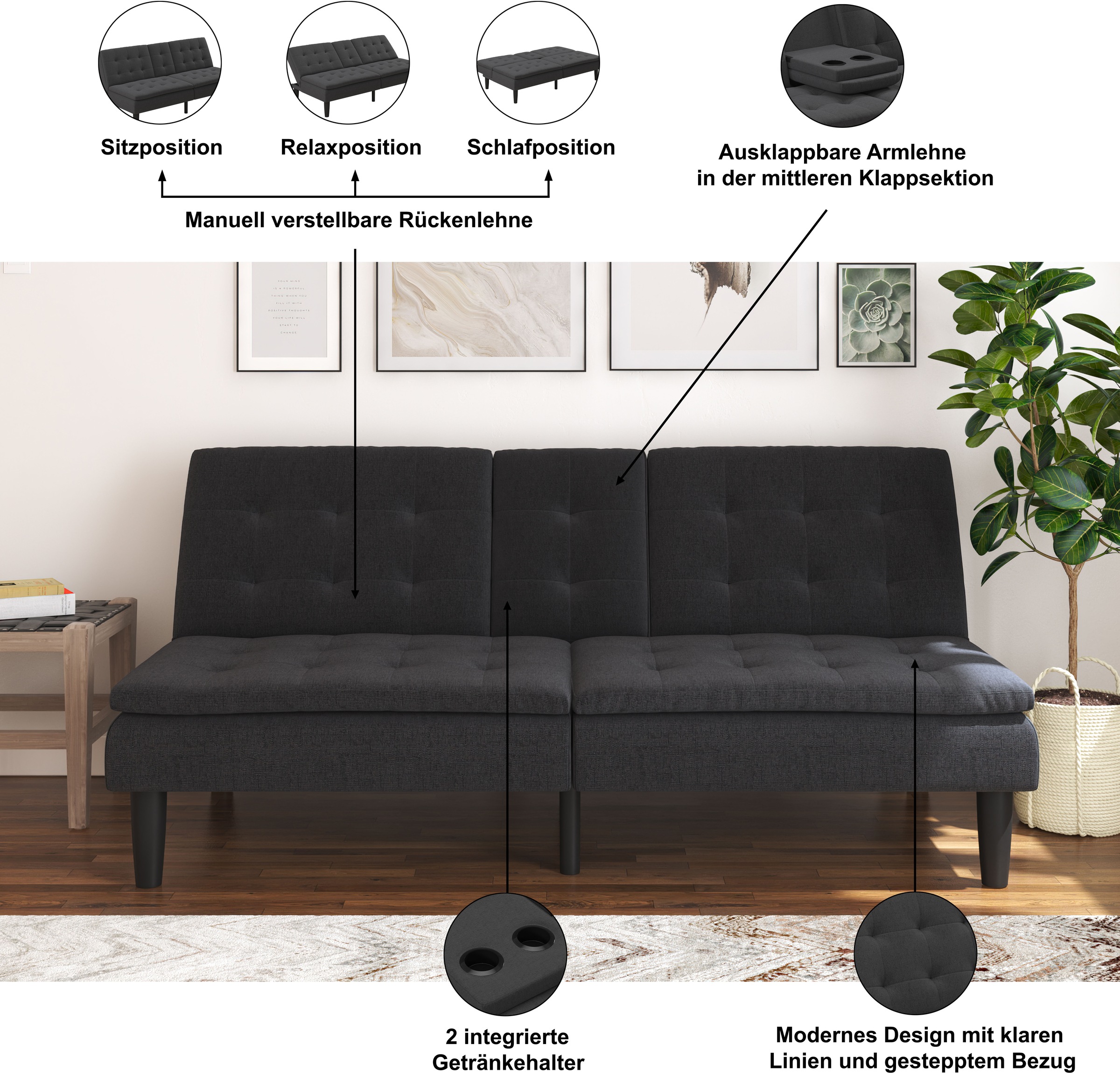 Thumbnail - Dorel Home Schlafsofa "MAINE, Kinosofa mit Relax- und Bettfunktion, 2 Getränkehalter," Liegefläche 190 x 110 cm, Webstof...