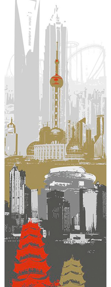 Architects Paper Fototapete "Shanghai", Grafik Tapete Shanghai Schwarz Weiß Gold Rot Panel 1,00m x 2,80m