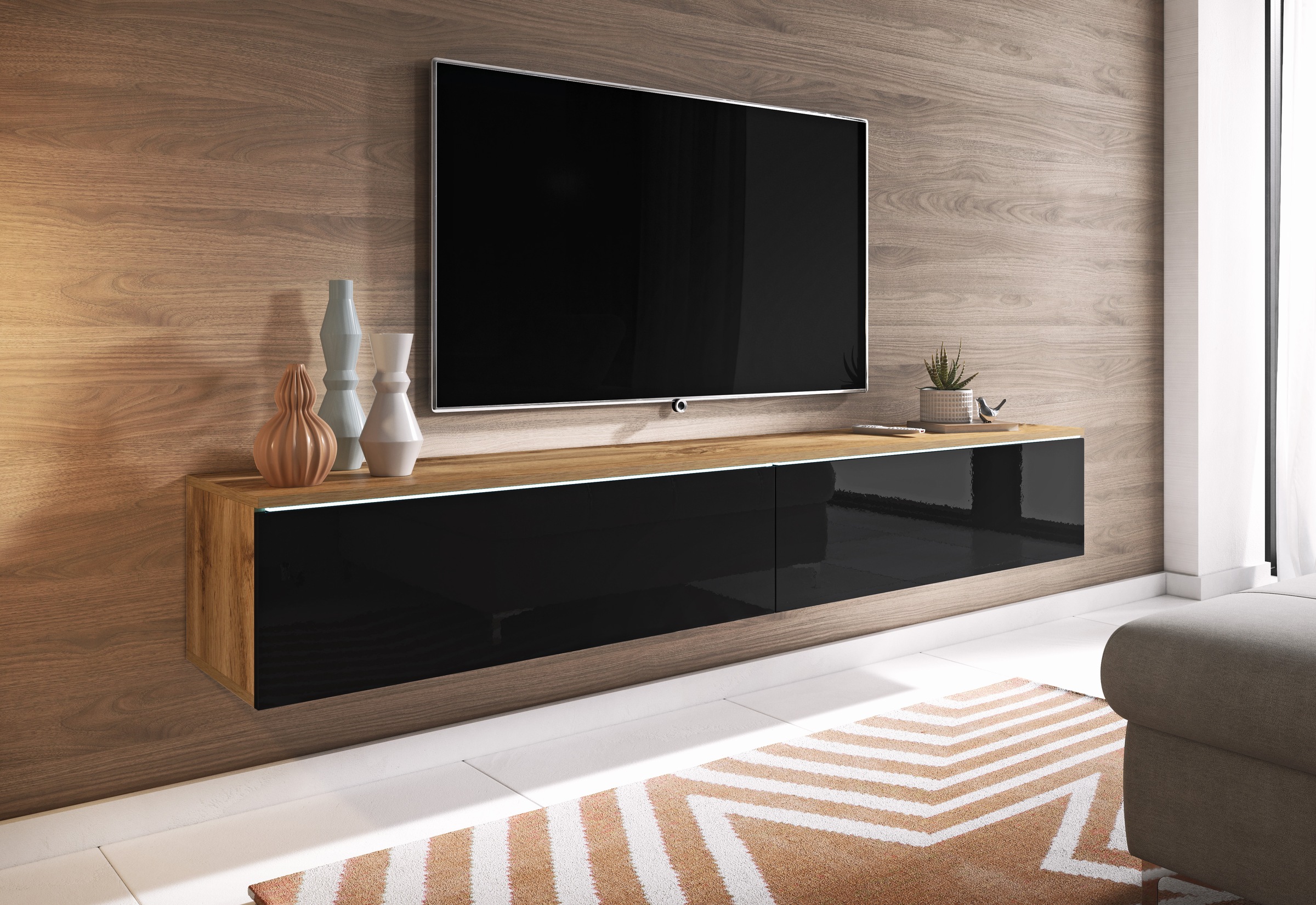 INOSIGN Lowboard »LOWBOARD VERA, wahlweise mit oder ohne Beleuchtung«, Modernes griffloses TV-Board, 180 cm TV-Schrank, stehend und hängend