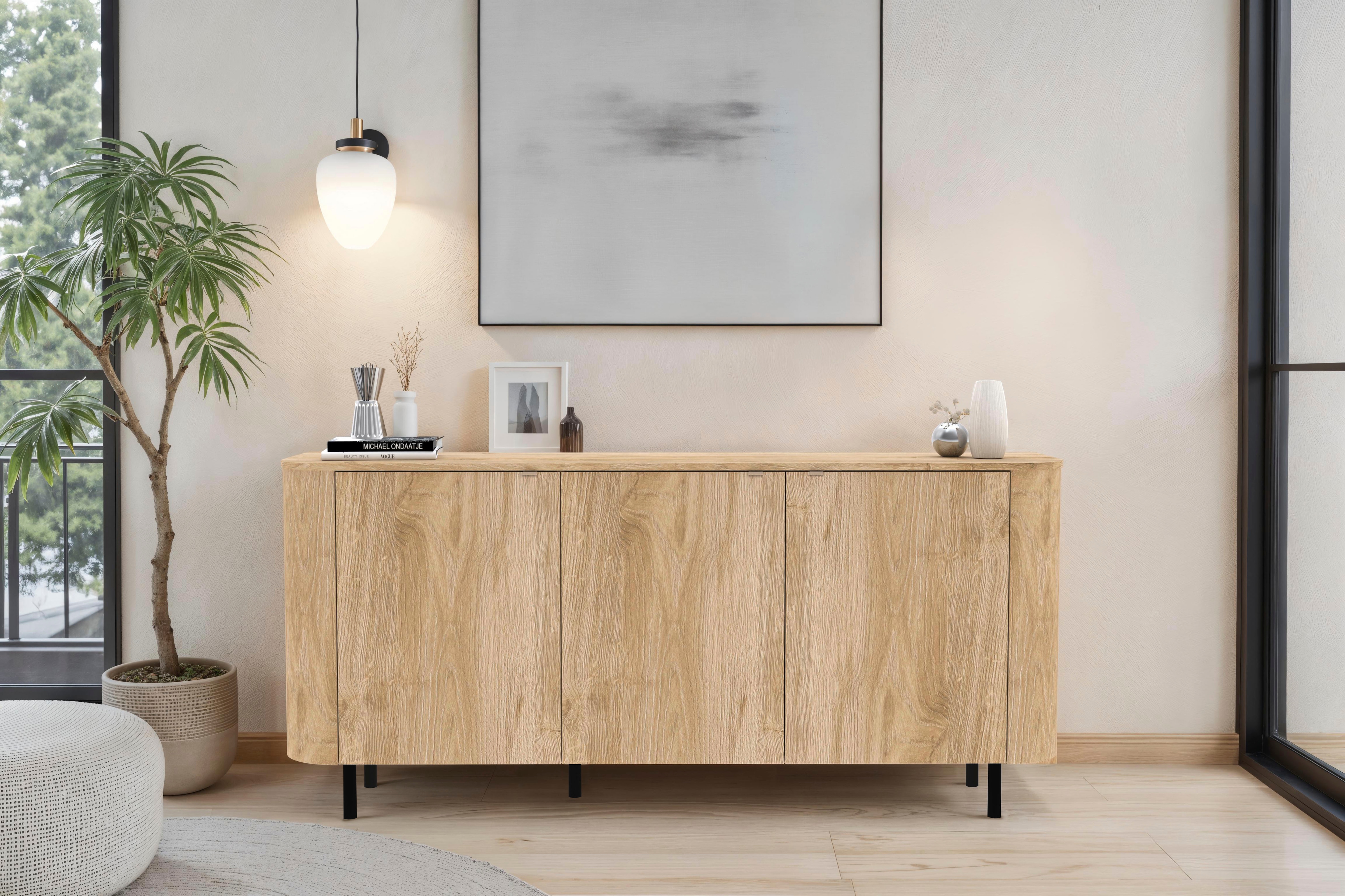 Home affaire Sideboard "Murano, 181 cm breit, 3 Türen, Anrichte, Kommode, Stauraumschrank" Formgebogenes MDF, Stirnseiten mit Rundung, Füße und Griffe aus Metall