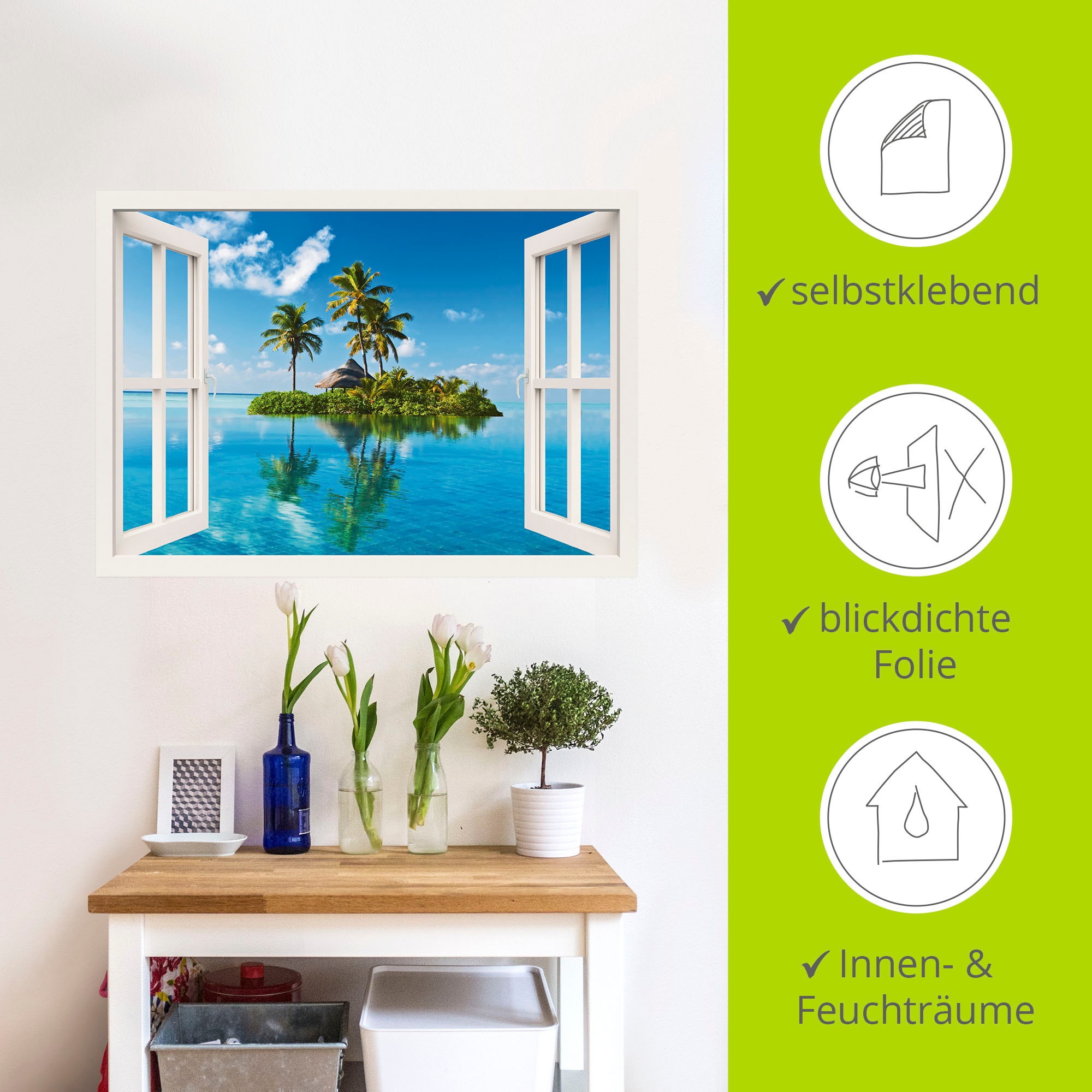 Artland Wandbild »Fensterblick Insel Palmen Meer«, Fensterblick, (1 St.), als Leinwandbild, Poster, Wandaufkleber in verschied. Größen