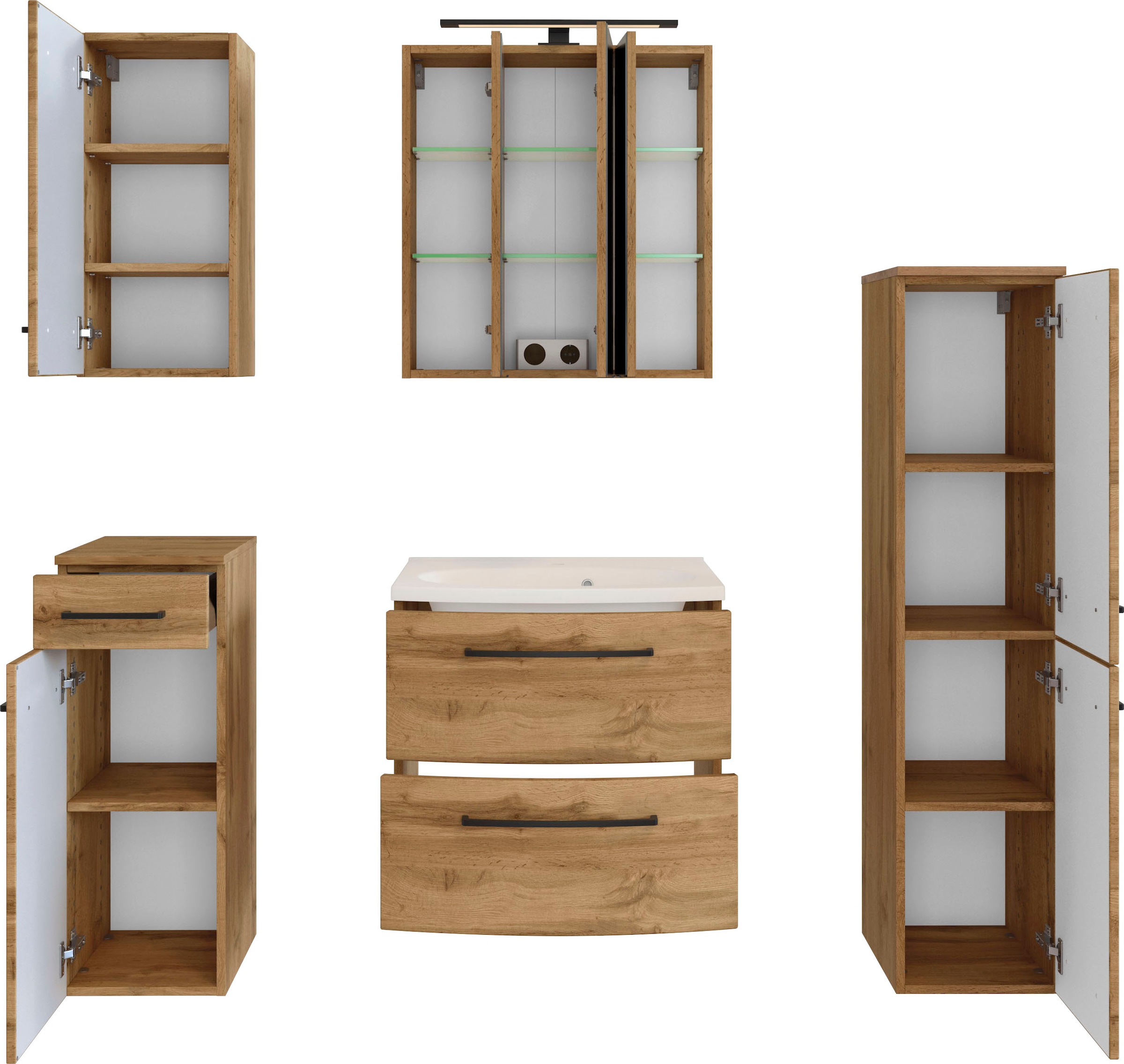 welltime Badmöbel-Set »Chicago«, (5 St., Spiegelschrank, Waschtisch, Hängeschrank, Unterschrank, Midischrank)