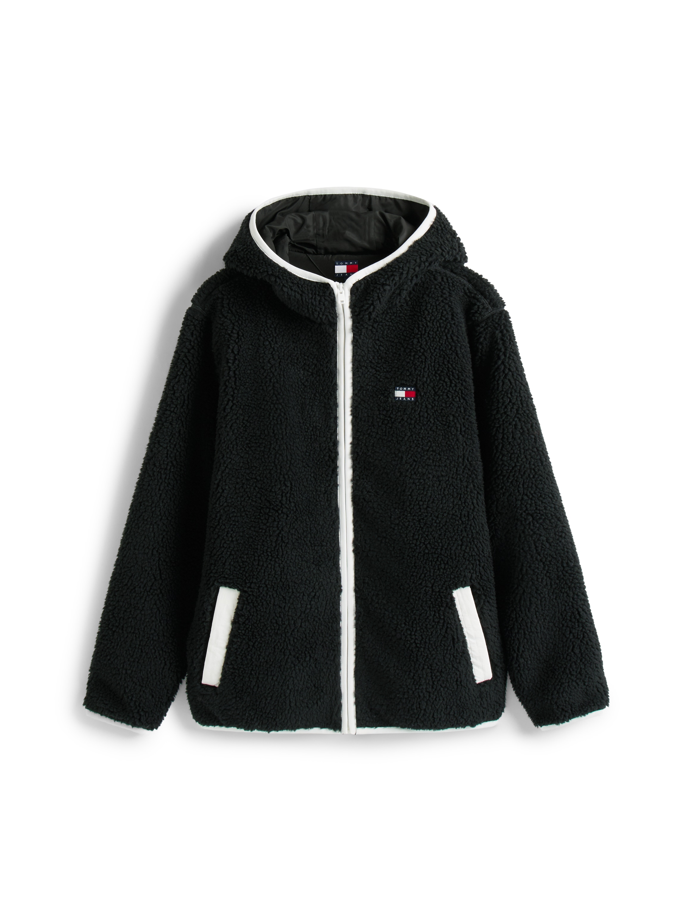 Tommy Jeans Plüschjacke »TJM REG BADGE TEDDY ZIP TRU EXT«, mit Kapuze, mit Logopatch, leicht überschnittene Schultern
