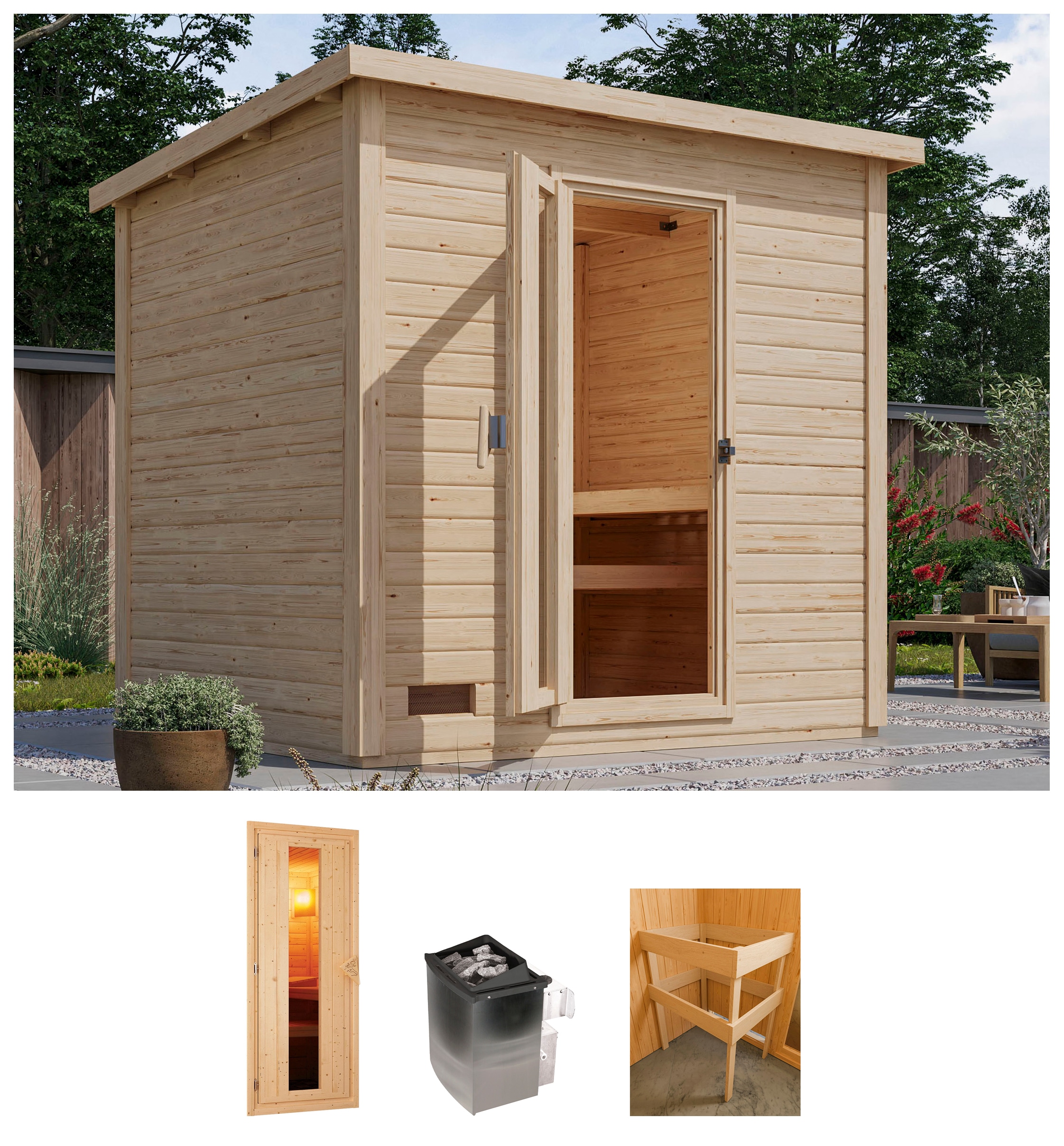 Karibu Saunahaus "Talo 3" Set, Ofen 9 kW integr. Strg