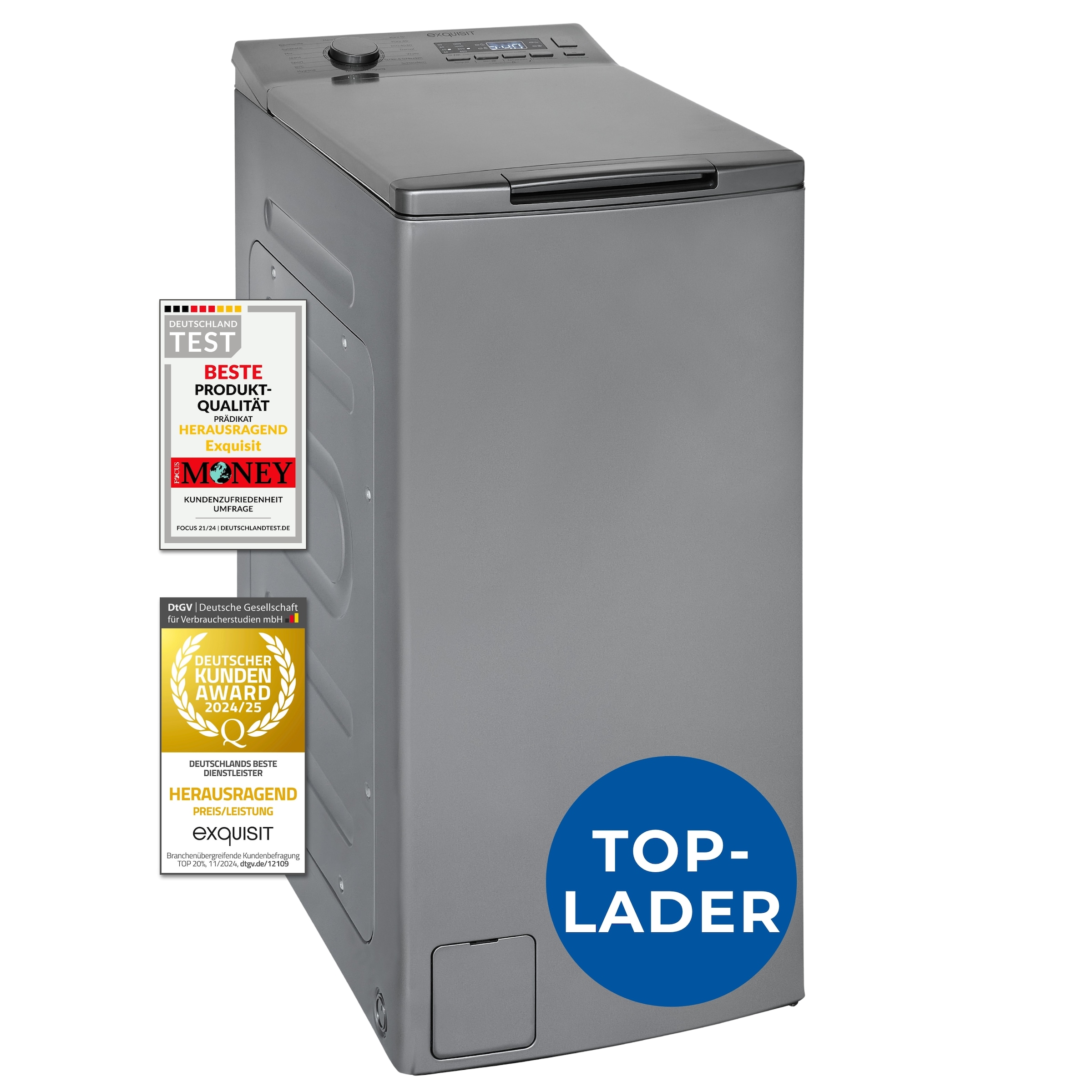 exquisit Waschmaschine »LTO1207-030A silber-dunkel«, 7,5 kg, 15 Programme, Restlaufzeitanzeige, Kindersicheruing