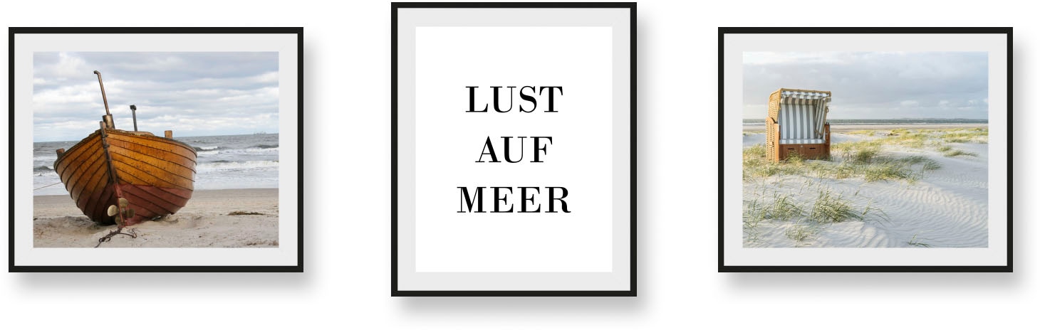 queence Bild »Lust auf Meer und Sylt«, Strand-Deutschland-Schriftzug-Meer-Meer Bilder-Schiffe-Bilder von Booten & Schiffen, (3 St.), HD Premium Poster-Druck inkl. Holzrahmen - 3er Set