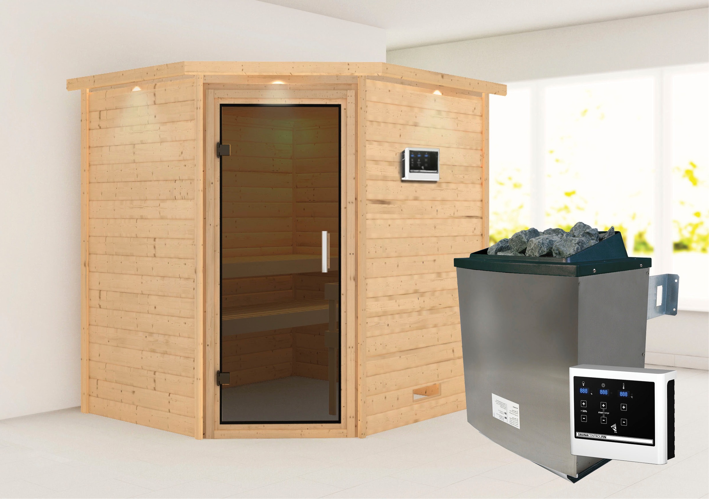 Karibu Sauna "Mia (Fronteinstieg)" Ofen 9 KW externe Strg easy