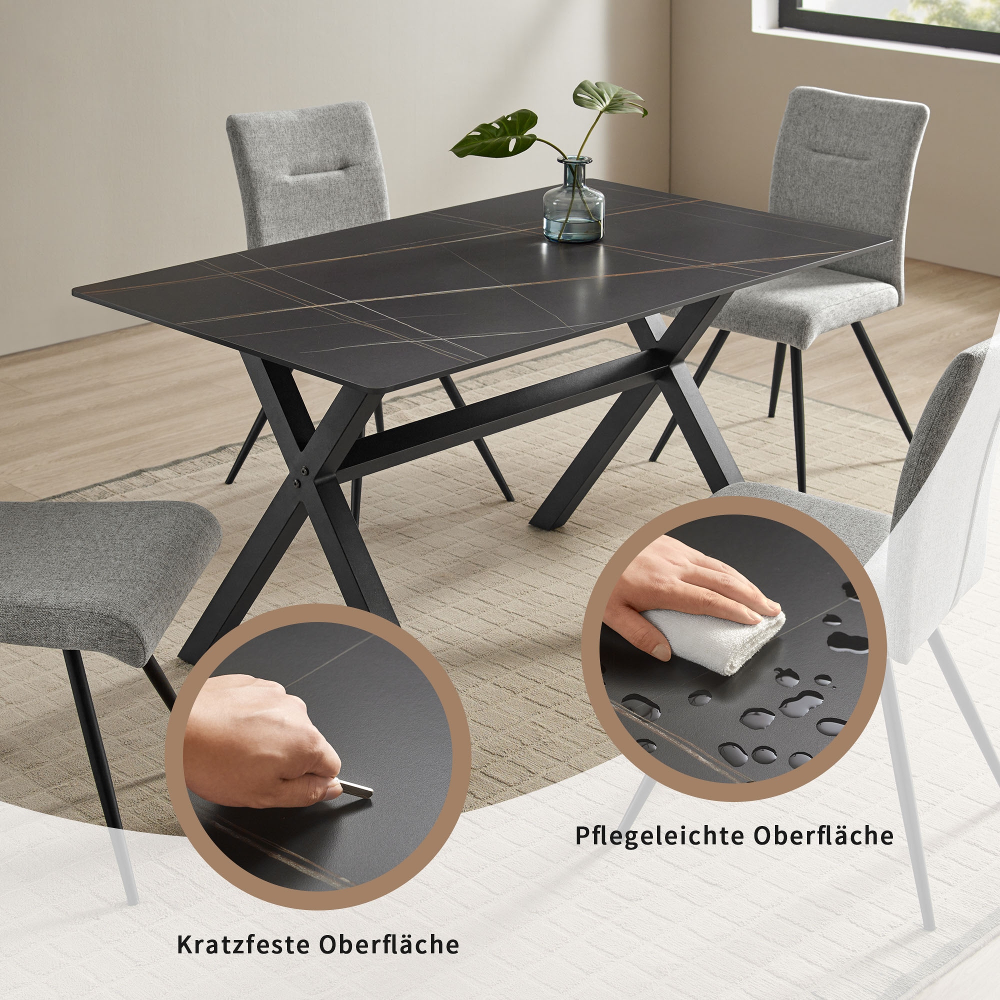 OTTO home Essgruppe »Arye« Set, 140 cm Esstisch + 4 Stühle, 5 Stk. tlg. Samt- oder Strukturstoffbezug, Metallgestell, Tischplatte Sinterstein