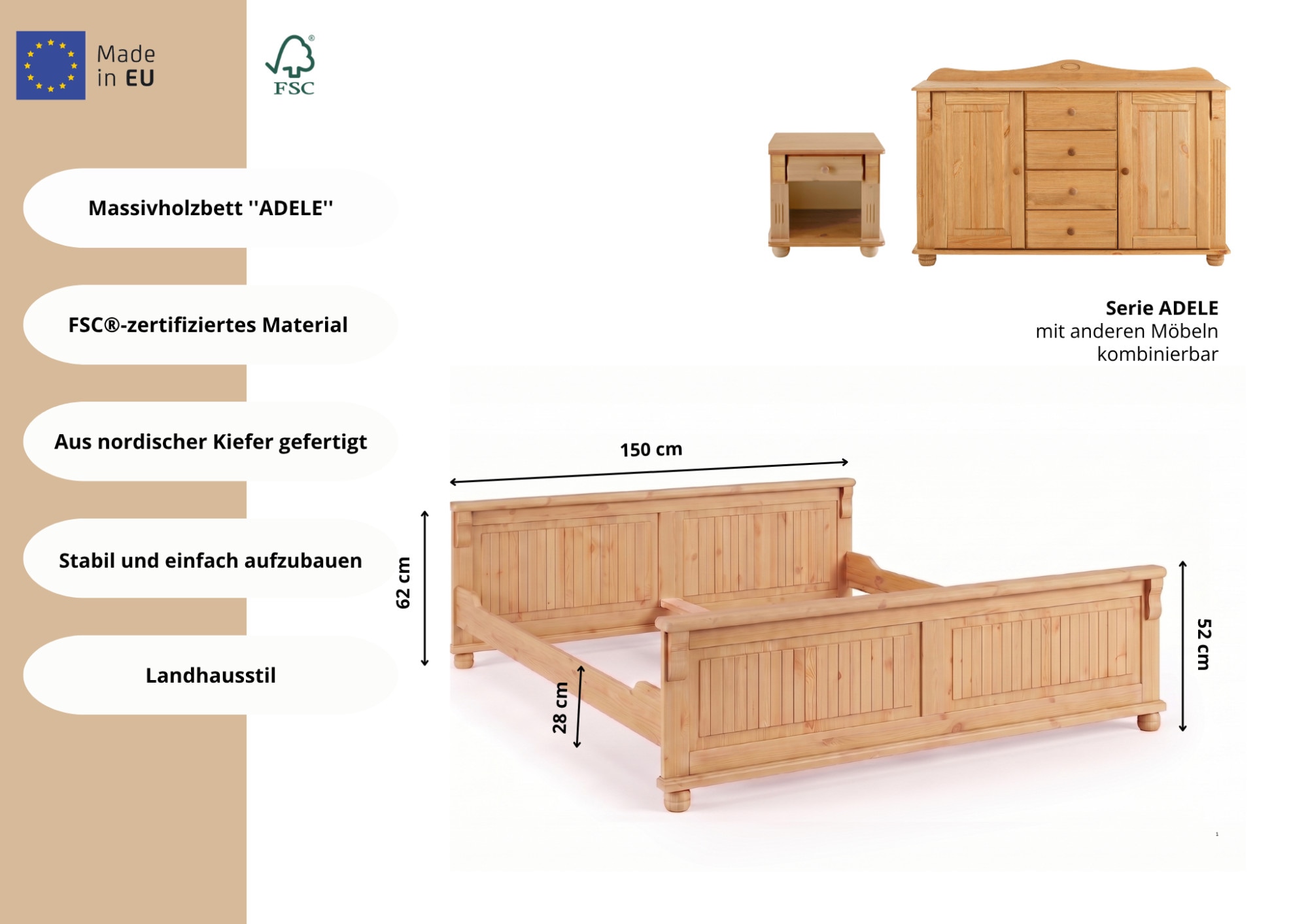 OTTO home Massivholzbett »Adele« Breite 140 oder 180 cm, Landhausstil,  aus massiver Kiefer, schöne Kassettenoptik, Lamellenoptik