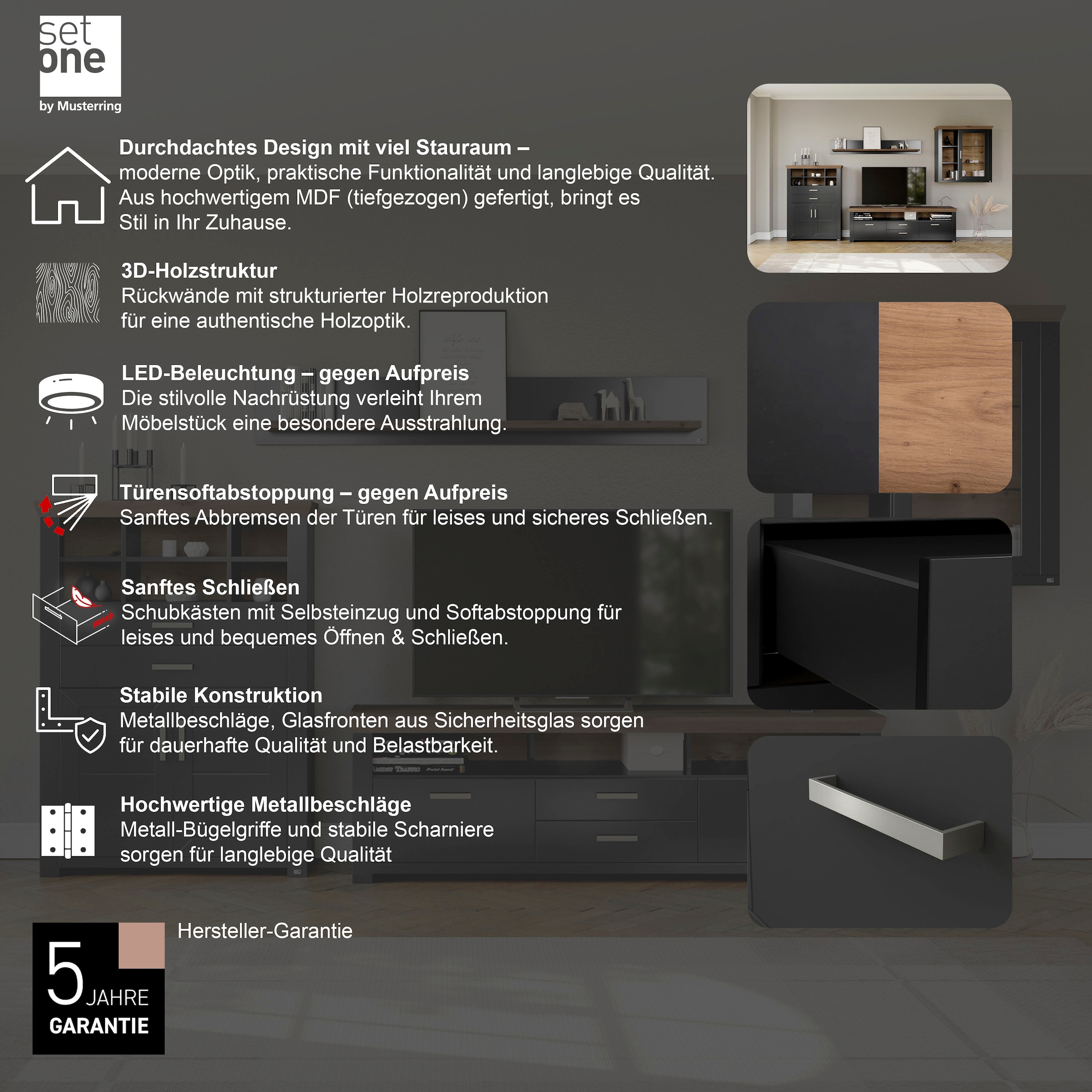 set one by Musterring Wohnwand »York« 4 Stk. tlg. Kombination 11, in 3 Farbvarianten, Gesamtbreite 374 cm
