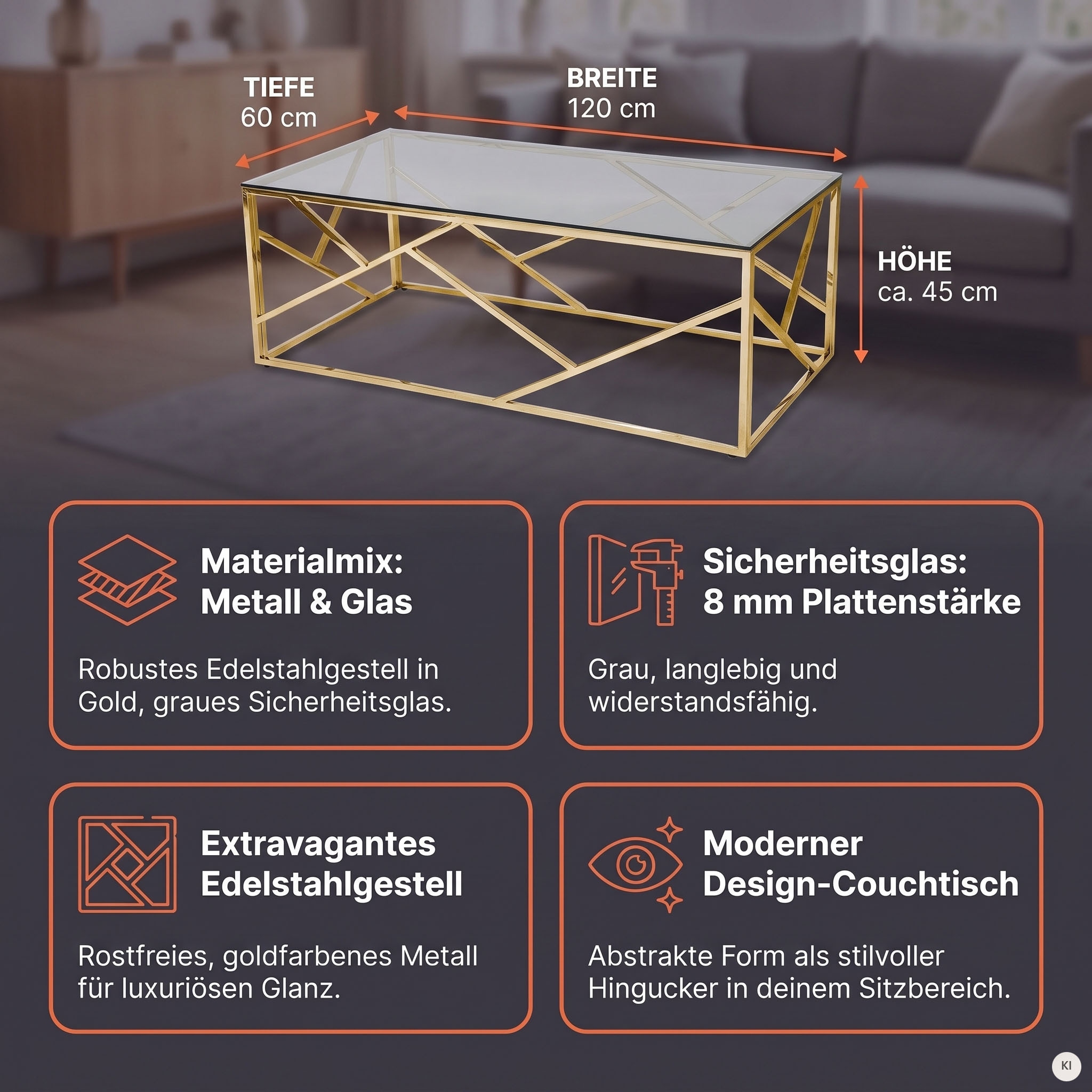 SalesFever Couchtisch »Glastisch mit stilvoller Eleganz« Edelstahlgestell - rostfrei und langlebig