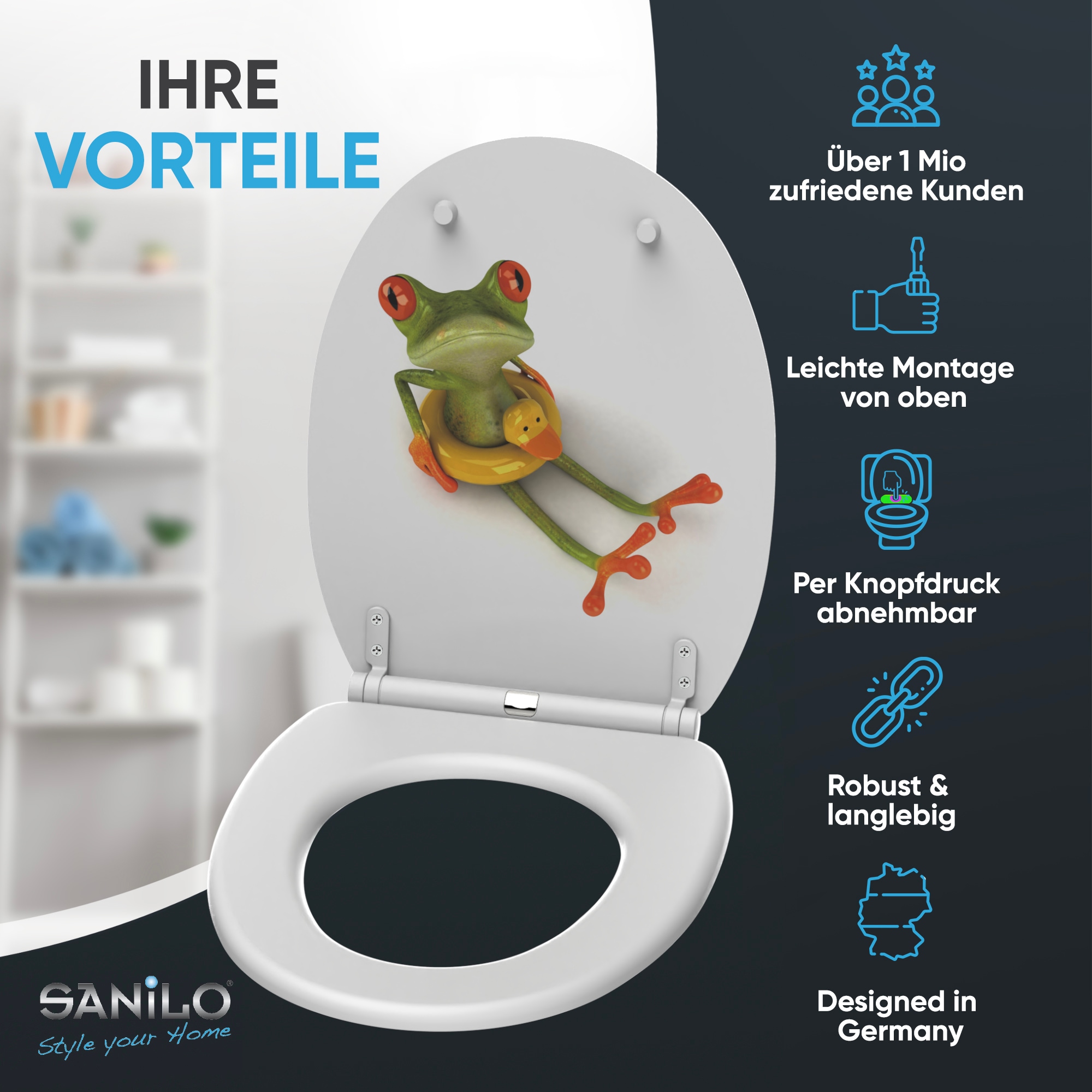 Sanilo WC-Sitz »Froggy mit Absenkautomatik & Quick Release« Premium Toilettendeckel, abnehmbar, leichte Montage von oben
