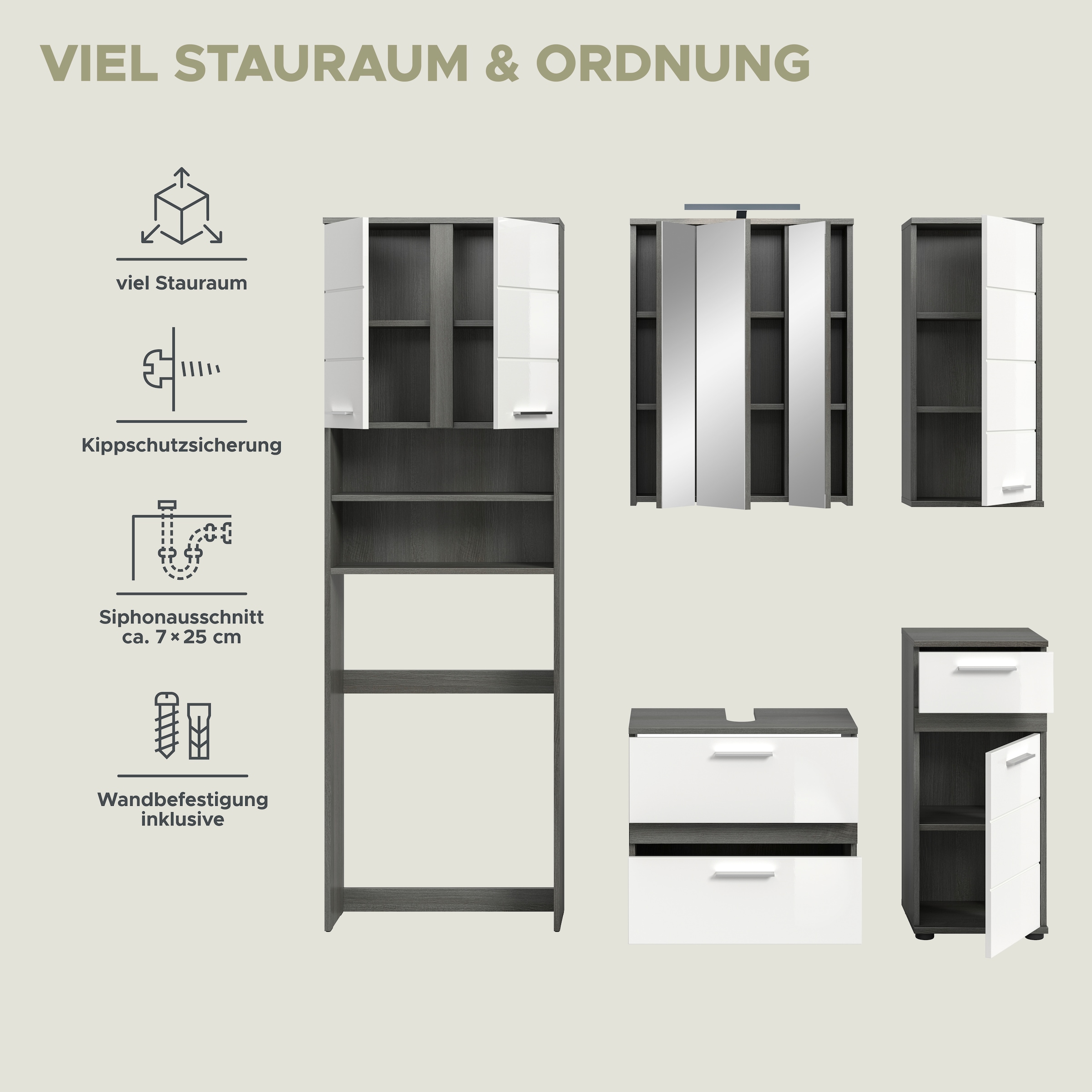 welltime Badmöbel-Set »LUCCA, 5-tlg. Badkombination, viel Stauraum, modernes Design« 5 Stk. tlg.