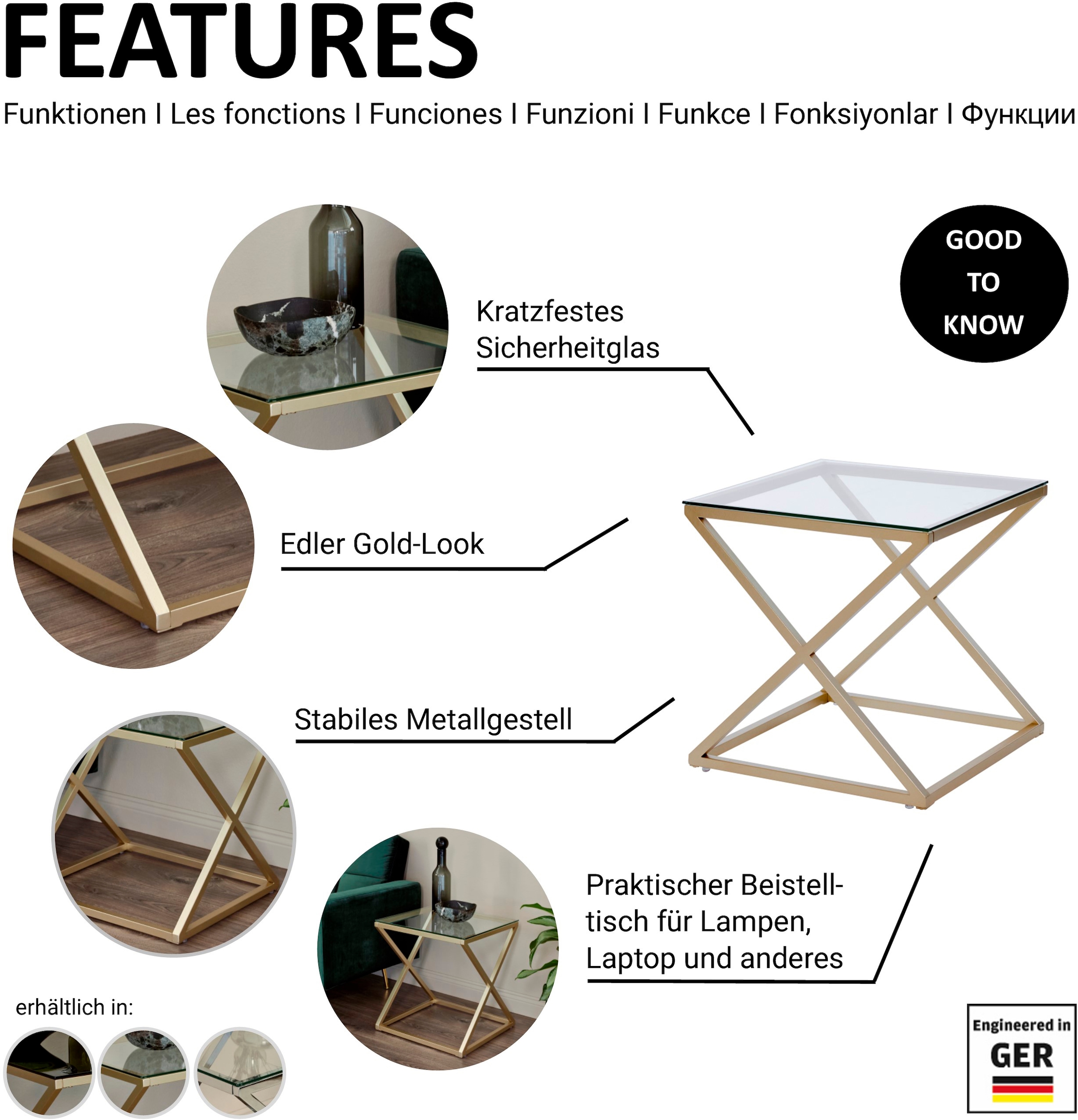 Jahnke Beistelltisch »XTRA BY SIDE«, (1 St.), Nachttisch/Beistelltisch in Gold-Look, aus Sicherheitsglas gefertigt