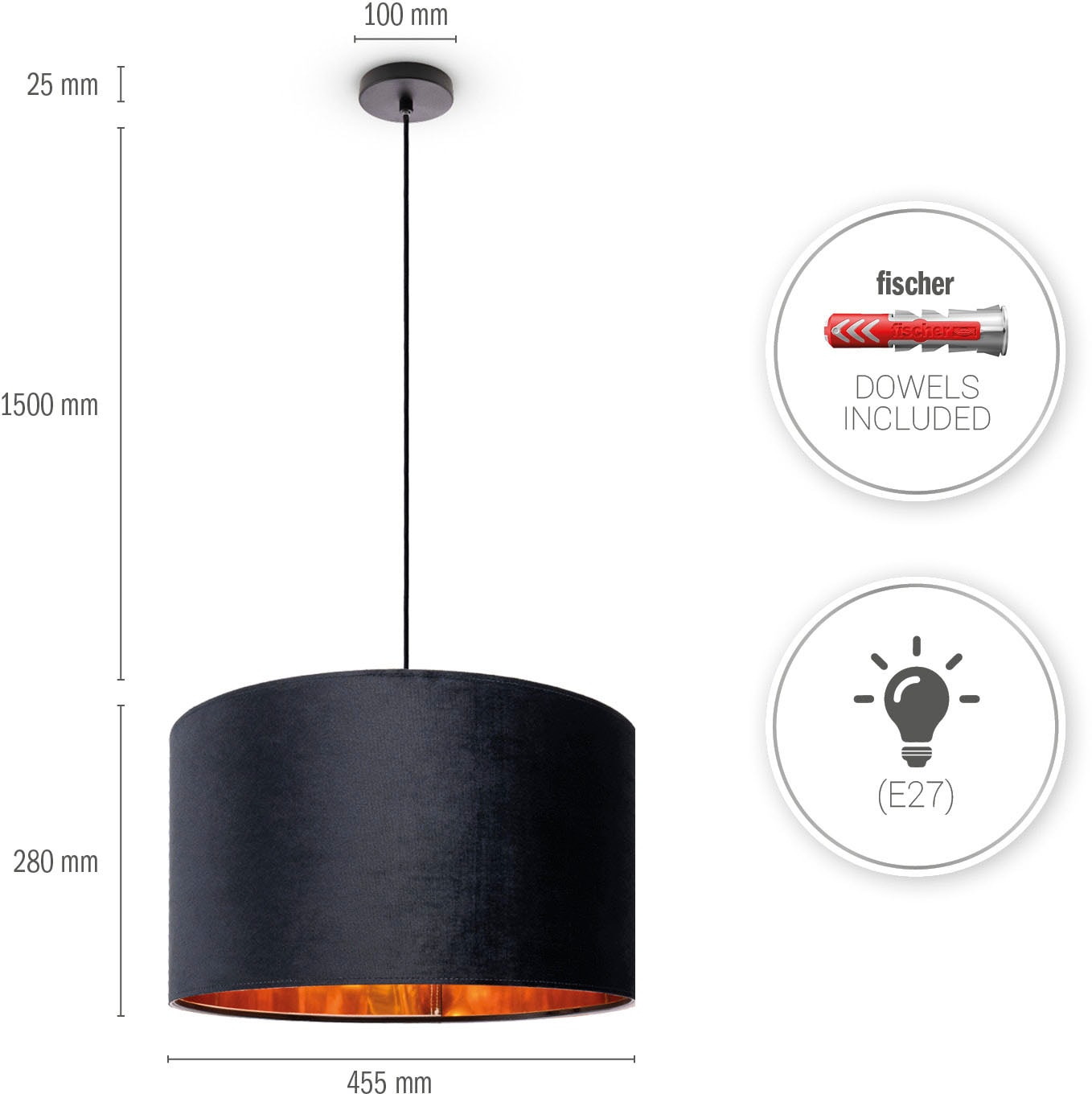 Paco Home Pendelleuchte »Hugo uni Color«, Leuchtmittel E27 | ohne Leuchtmittel, Wohnzimmer Lampenschirm aus Velour Unifarben Deko E27 Kabel 1,5m