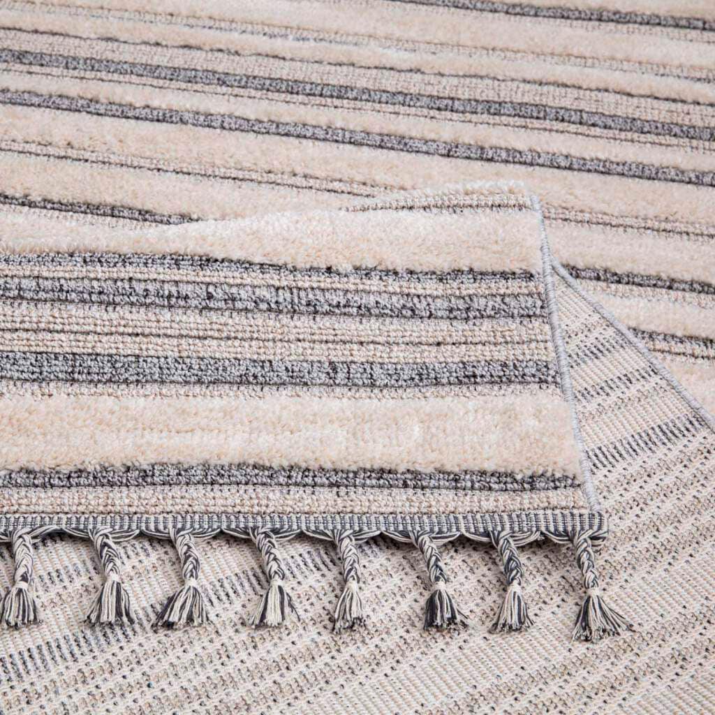 Hochflor-Teppich CARPET CITY "Valencia 807", blau (graublau, creme), B:80cm H:20mm L:300cm, Polypropylen, Teppiche, Fransenteppich, Läufer, Boho-Stil, 3D-Effekt, Streifen, Hoch-Tief-Struktur, Fransen 3