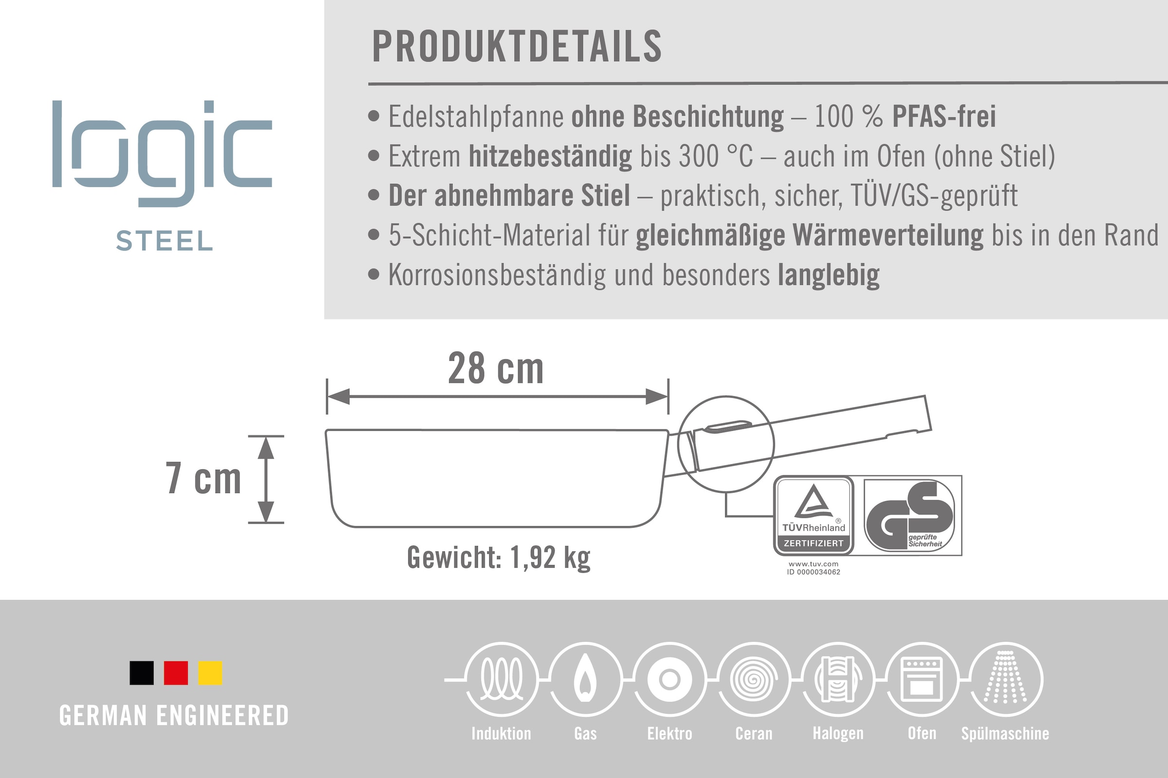 WOLL Schmorpfanne »Logic Steel«, Edelstahl 18/10, (1 tlg.), 5-Schicht-Aufbau