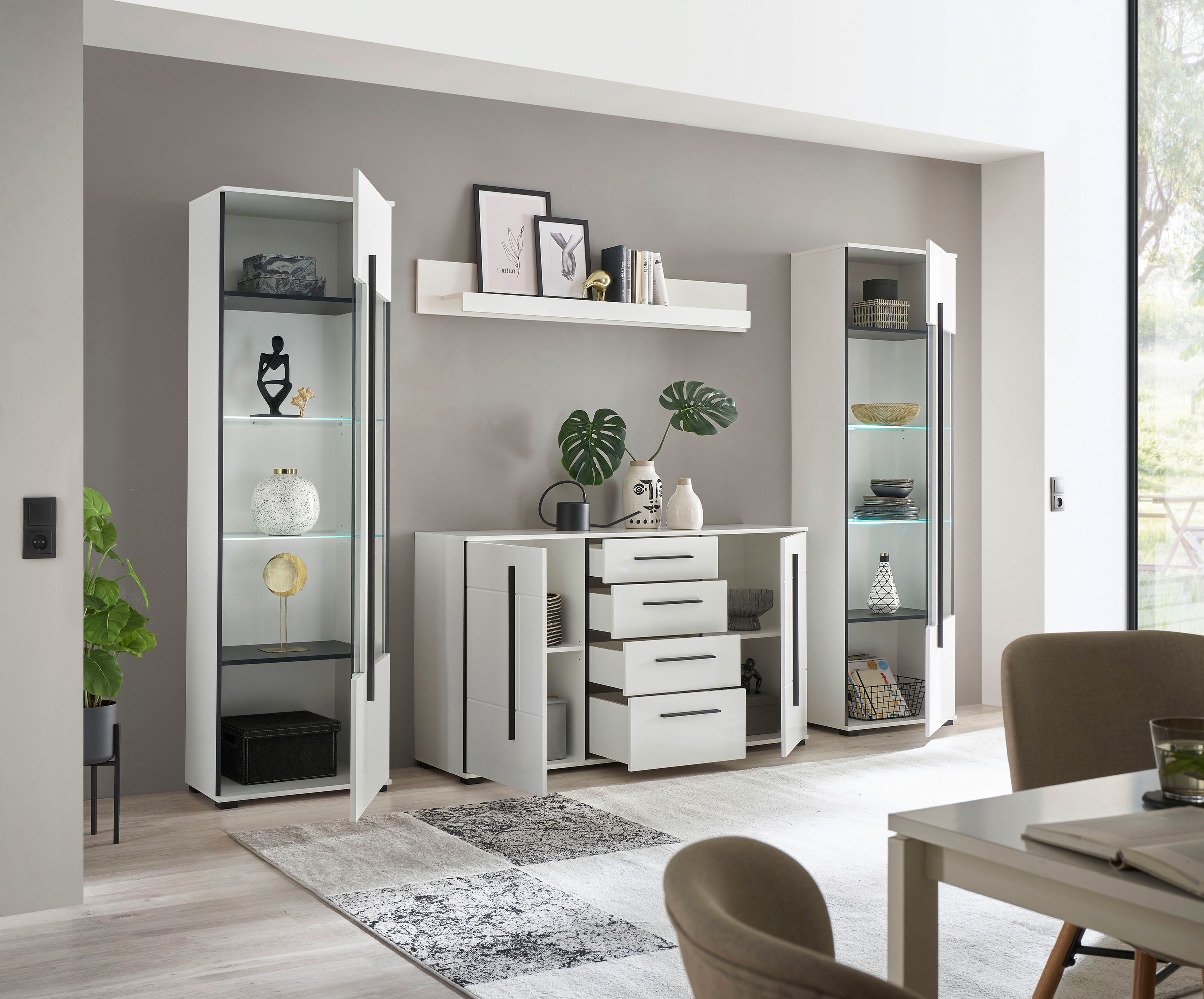 INOSIGN Wohnwand »Cantara, moderne Anbauwand, Wohnzimmer-Set, in Eiche Evoke oder Weiß«, (Set), enthält zwei Vitrinen, ein Sideboard und ein Wandboard
