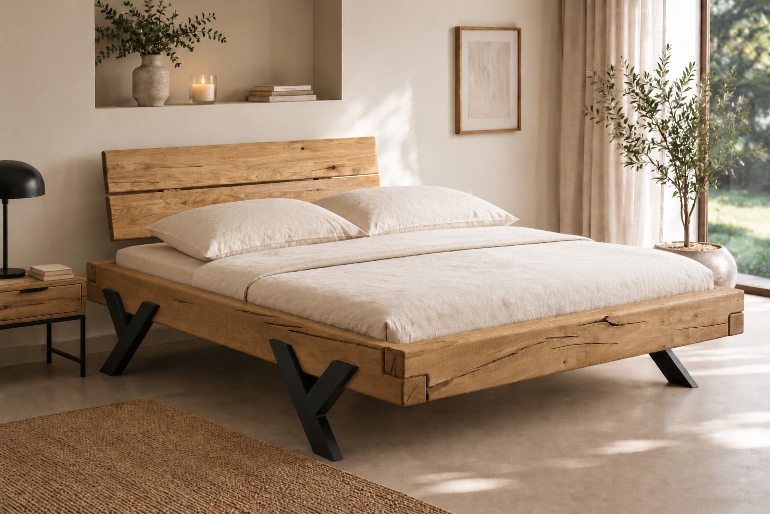OTTO home Massivholzbett "Ultima Balkenbett Doppelbett, Füße aus Metall in Y-Form" hohe Belastbarkeit: 200kg je Seite, FSC-zertifizierte Wildeiche oder Fichte, viele Breiten zur Auswahl