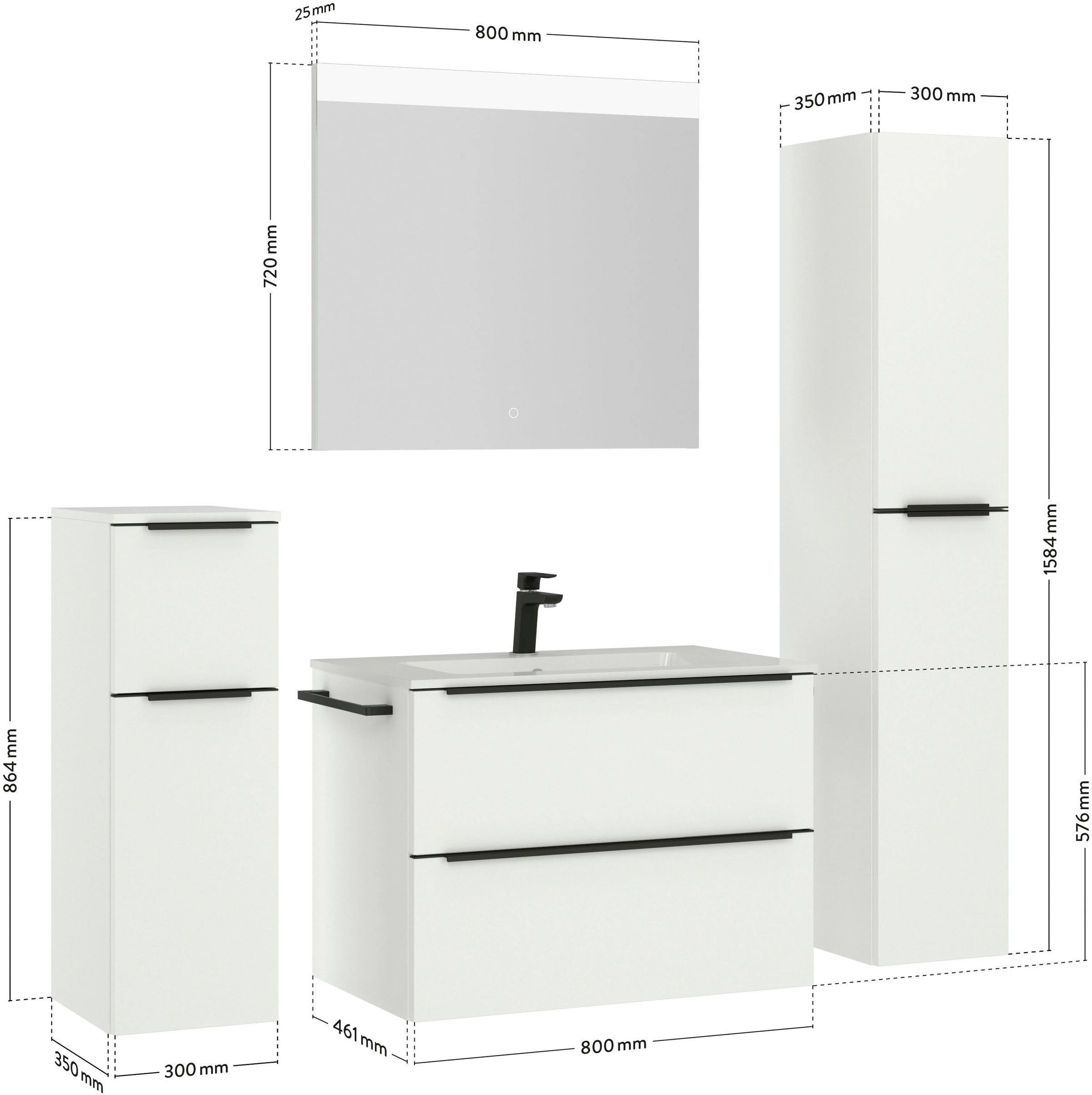 nobilia® Badmöbel-Set »Levere«, (4 St., vormontiert, mit Soft-Close), inkl. Spiegel mit Touch-Sensor, in vier Breiten