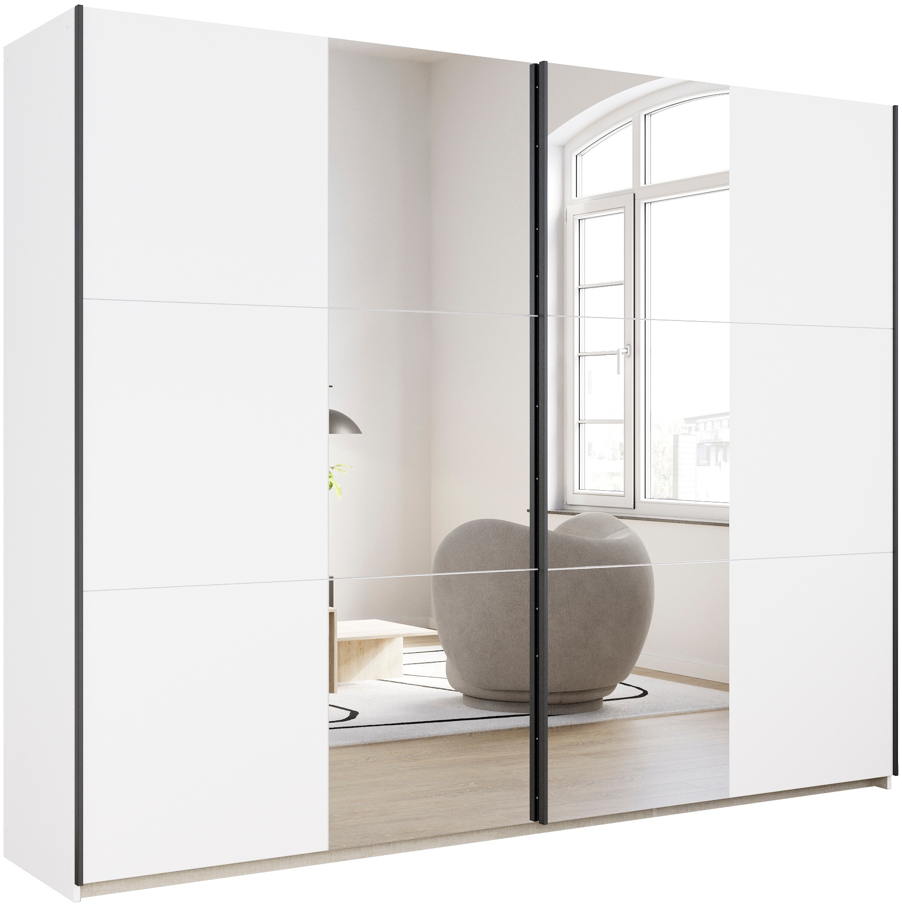 rauch Schwebetürenschrank "Kleiderschrank Drehtürenschrank Schrank Garderobe KRONACH" in 3 Ausstattungen BASIC/CLASSIC/PREMIUM, Breiten 131/175/218/261 cm, optional ohne, mit 1 oder 2 Spiegel, viel Stauraum MADE IN GERMANY