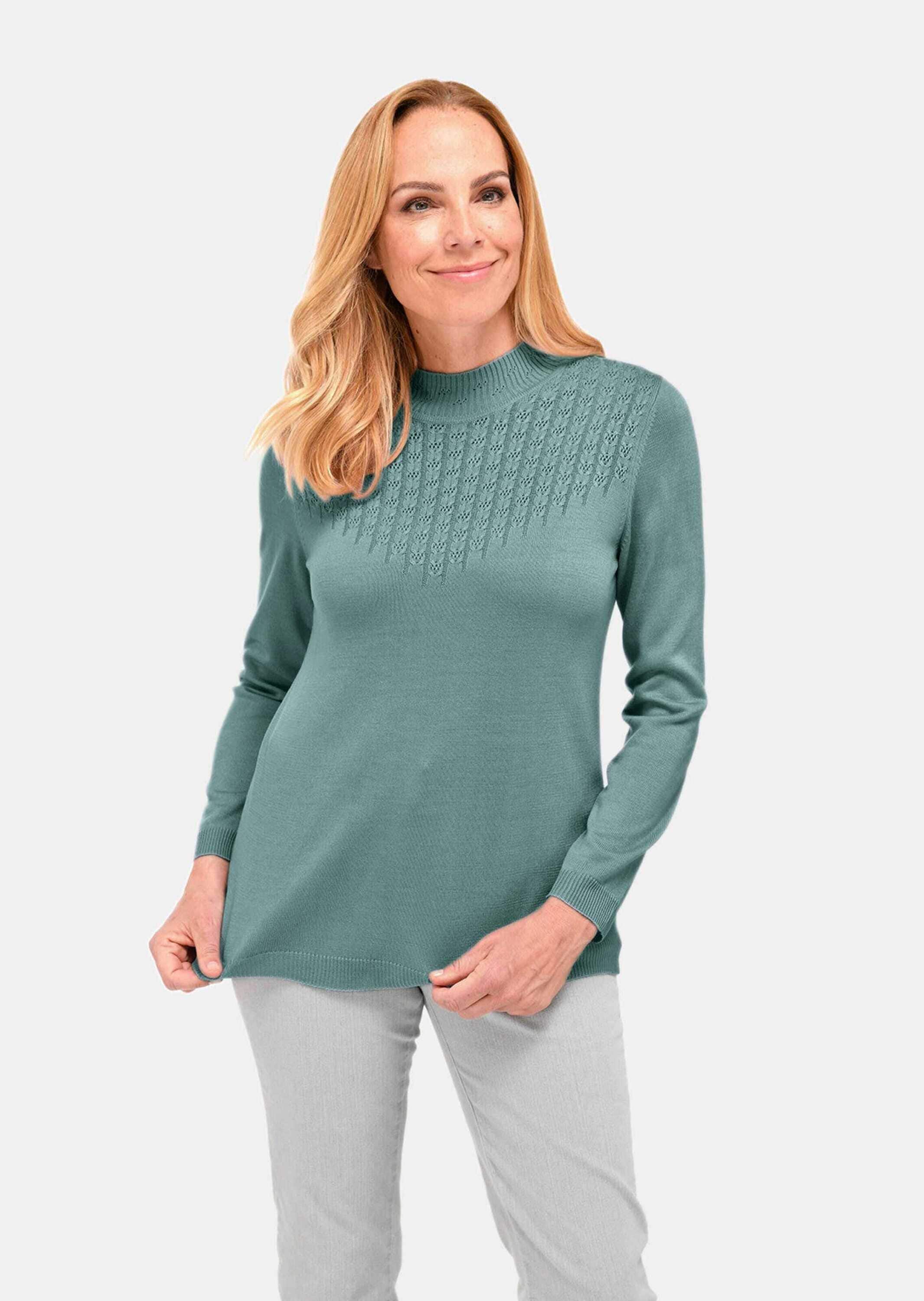 GOLDNER Rundhalspullover "Kurzgröße Eleganter Ajourpullover mit Stehbund" aufwendiger Ajourstrick in Zopfoptik