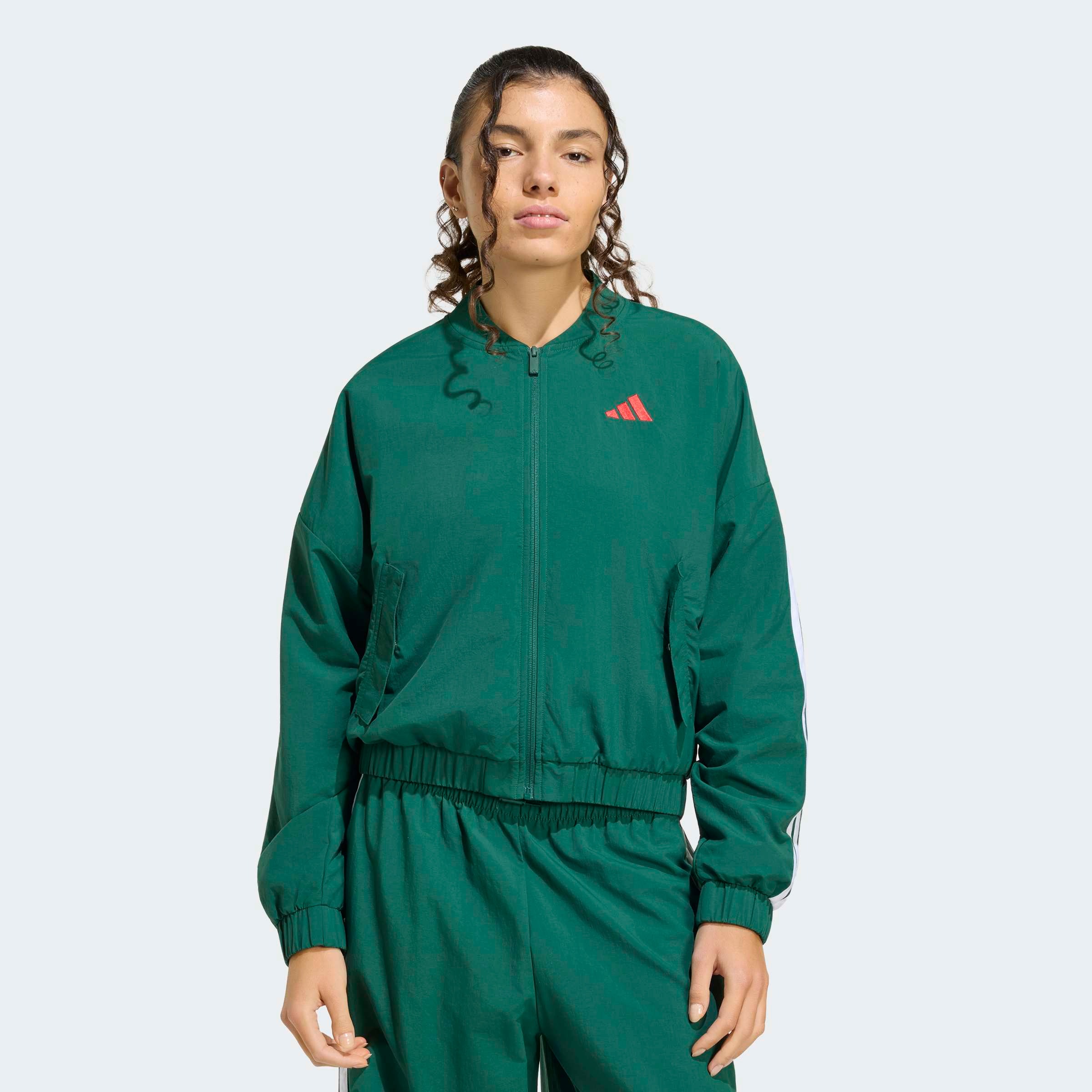 Trainingsjacke ADIDAS SPORTSWEAR "ESSENTIALS WINDBREAKER, 3-STREIFEN, GEWEBT", Damen, Gr. XS, team dunkelgrün, weiß, Obermaterial: 100% Polyamid, normal, Jacken Trainingsjacke