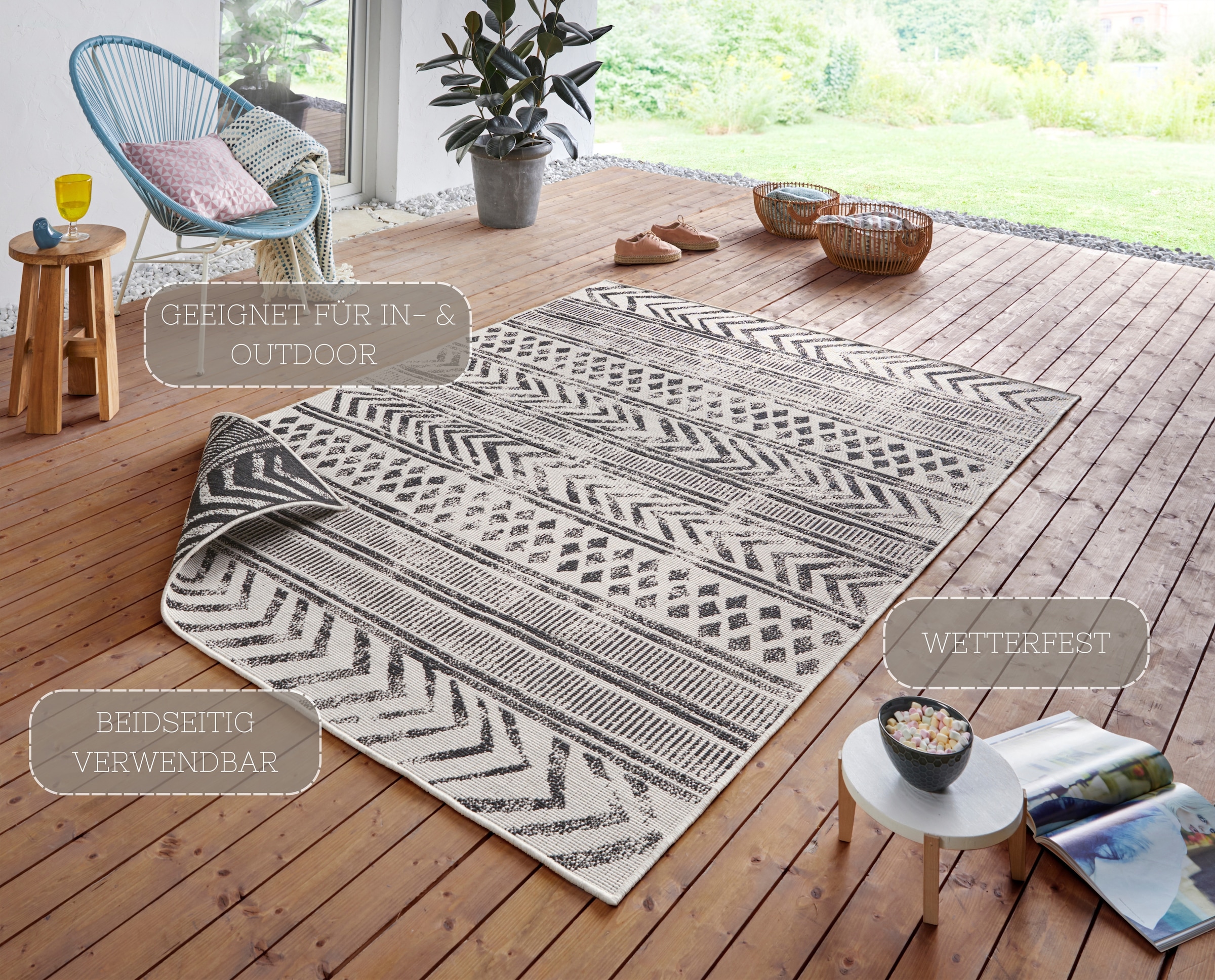 NORTHRUGS Teppich »BIRI Wendeteppich«, rechteckig, 5 mm Höhe, In-& Outdoor, Wetterfest, Balkon, Läufer, Wohnzimmer, Wasserfest, Boho