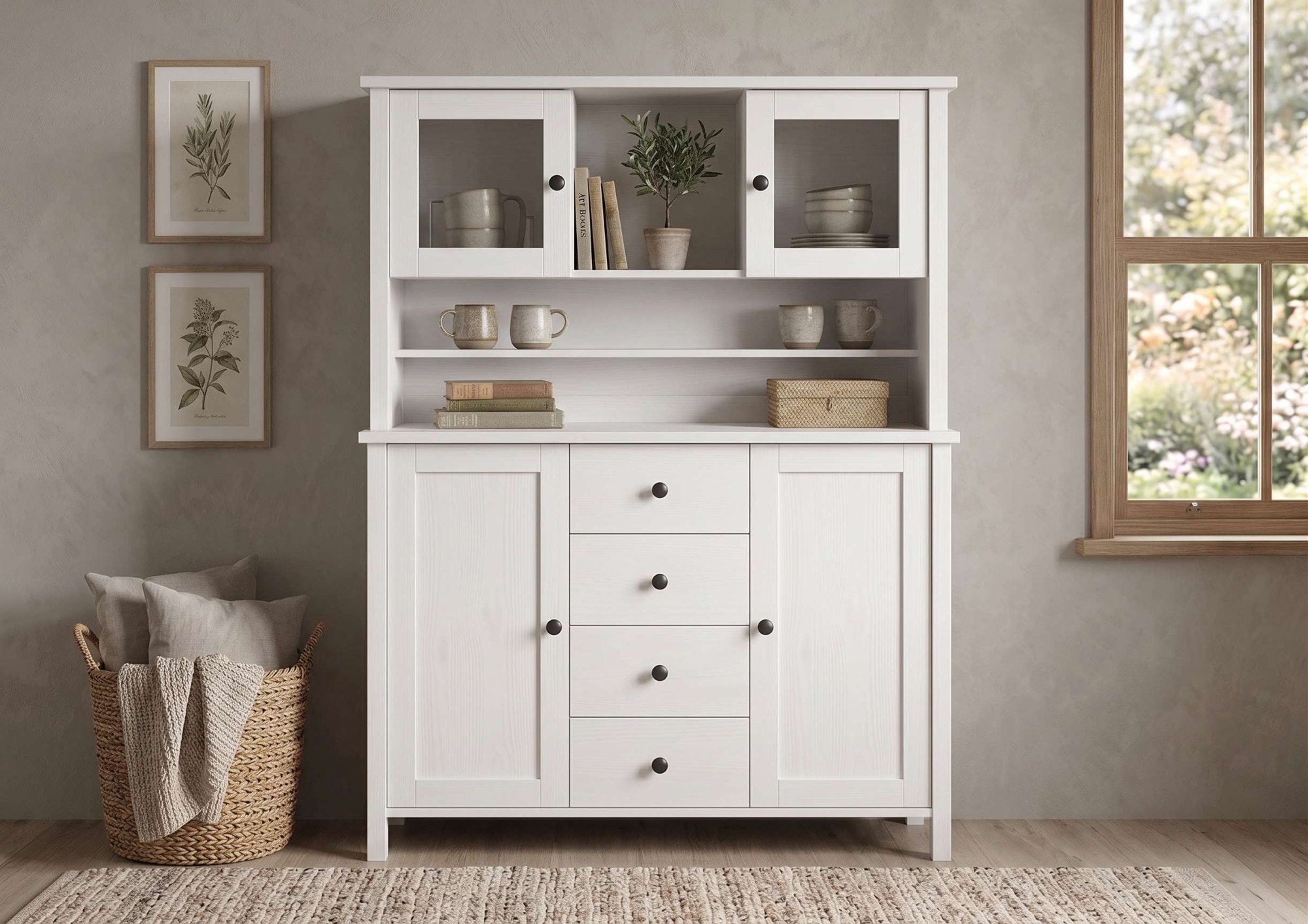 OTTO home Buffet »Mikkeli Küchenbuffet mit 2 Glastüren, Metallgriffe« aus massiver FSC®-zertifizierter Kiefer, moderner Landhausstil