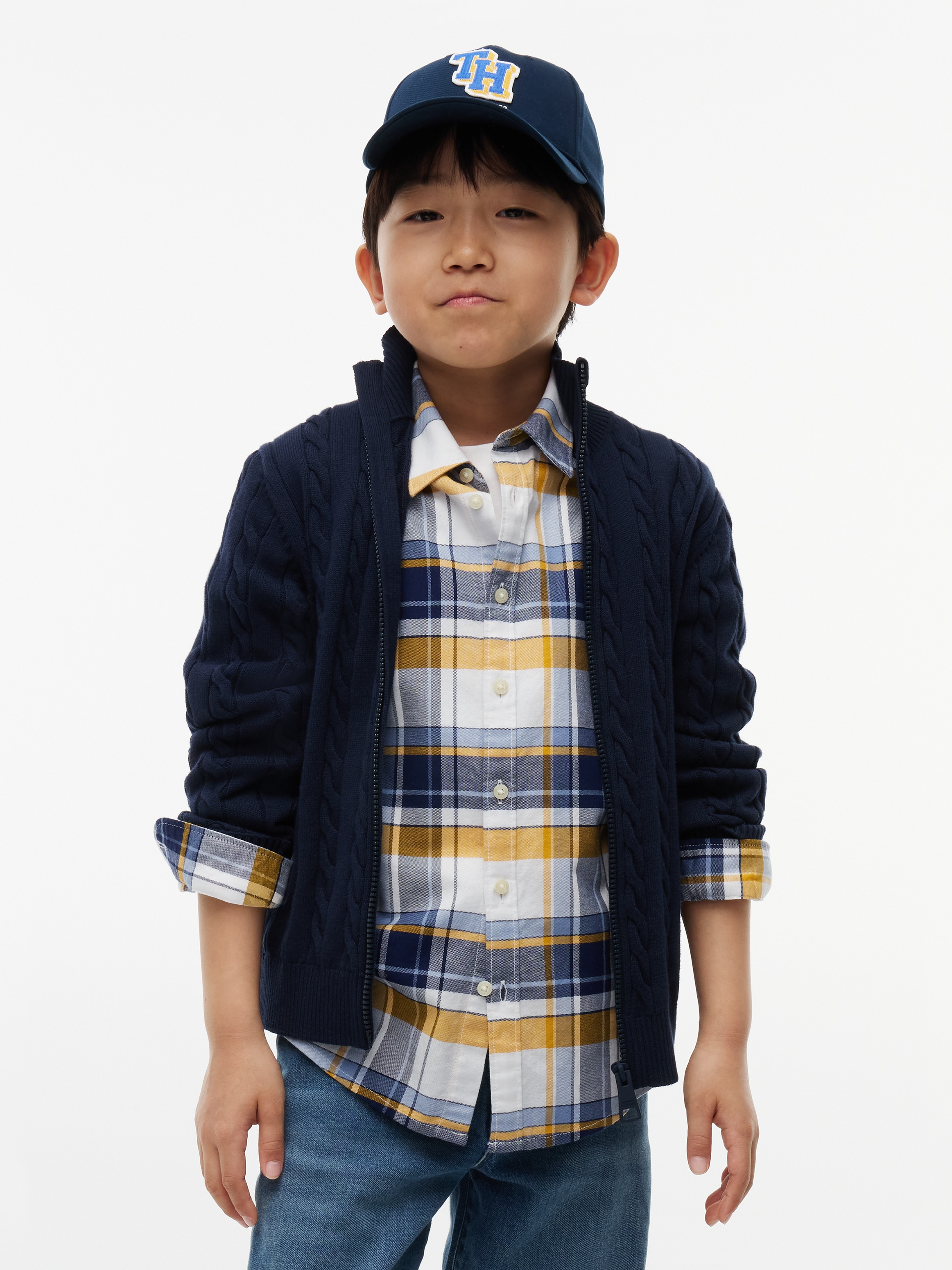 Tommy Hilfiger Strickjacke Zopfmuster, Stehkragen, reine Baumwolle, Kinder bis 16 Jahre