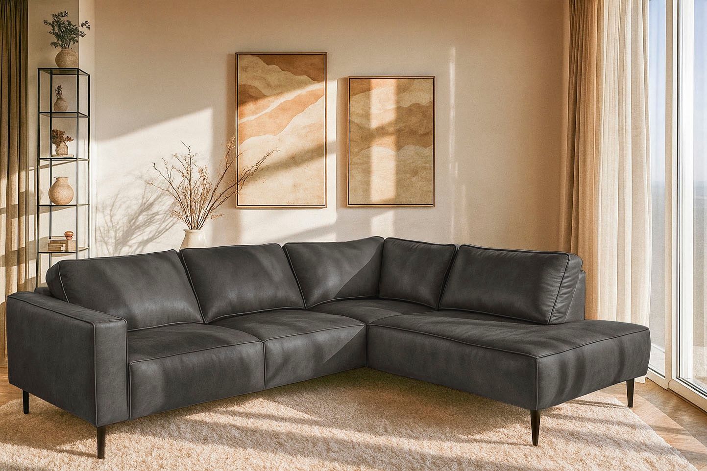 Places of Style Ecksofa »Fumone, Lederoptik oder Soft-Touch Chenille«, Breite 260, mit schwarzen Massivholzfüßen
