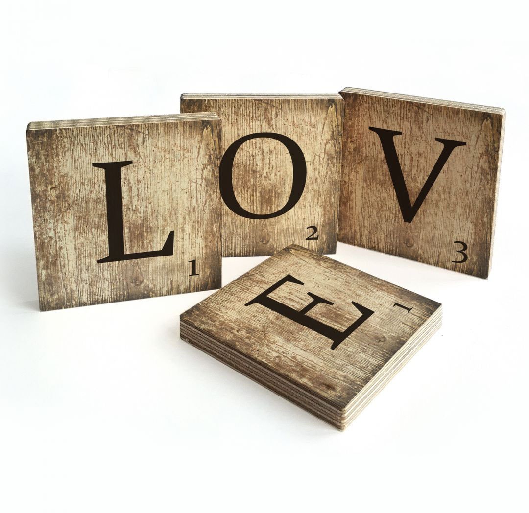 Wall-Art Mehrteilige Bilder "Scrabble Deko Buchstaben Love", Schriftzug, (Set, 4 St., Dekorative Wanddekoration), Holzsc