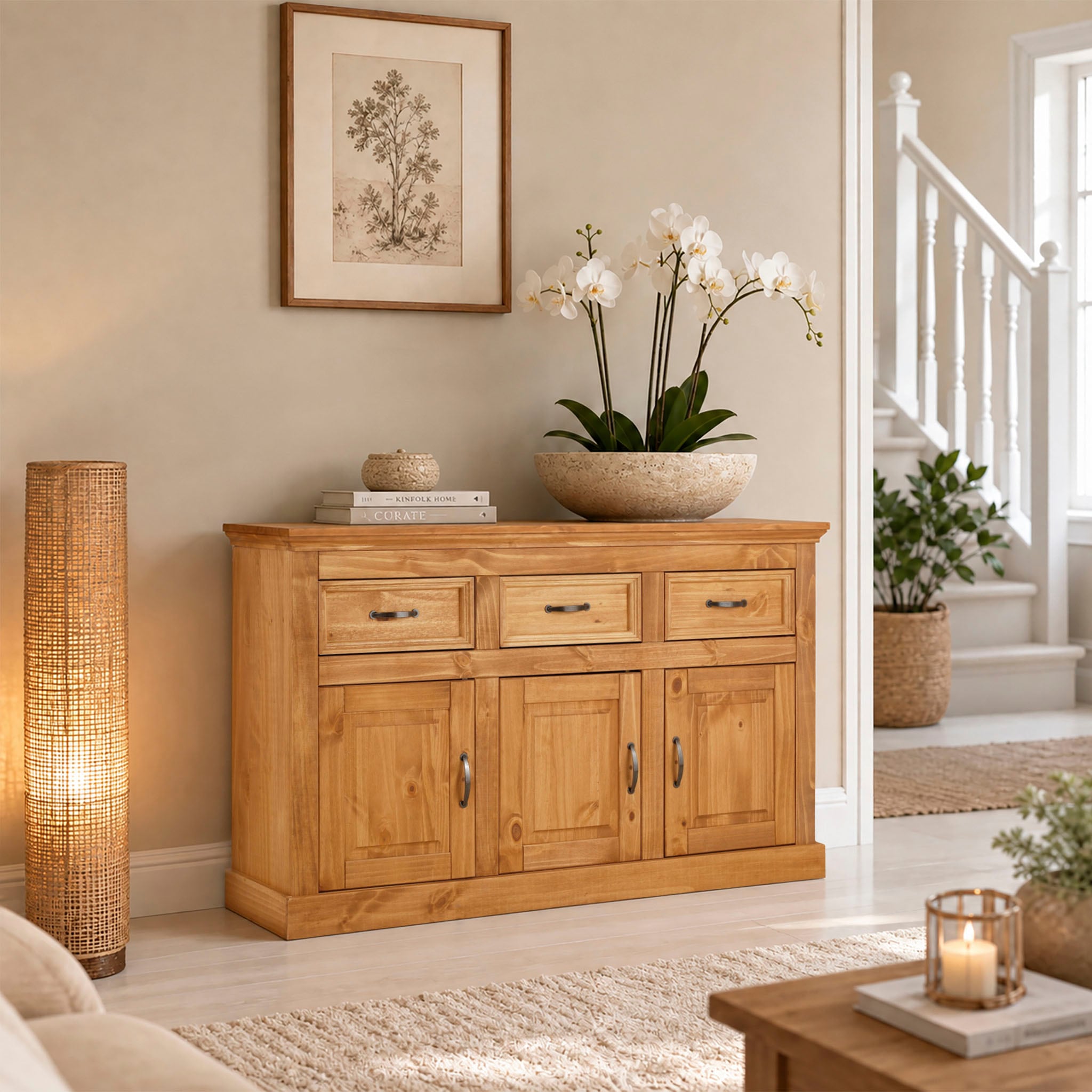 OTTO home Sideboard »Selma Kommode mit 3 Türen, 3 Schubläden und 6 Fächer, Metallgriffe« aus massivem Kiefernholz, 3 Einlegeböden, mit dekorativer Fräsung