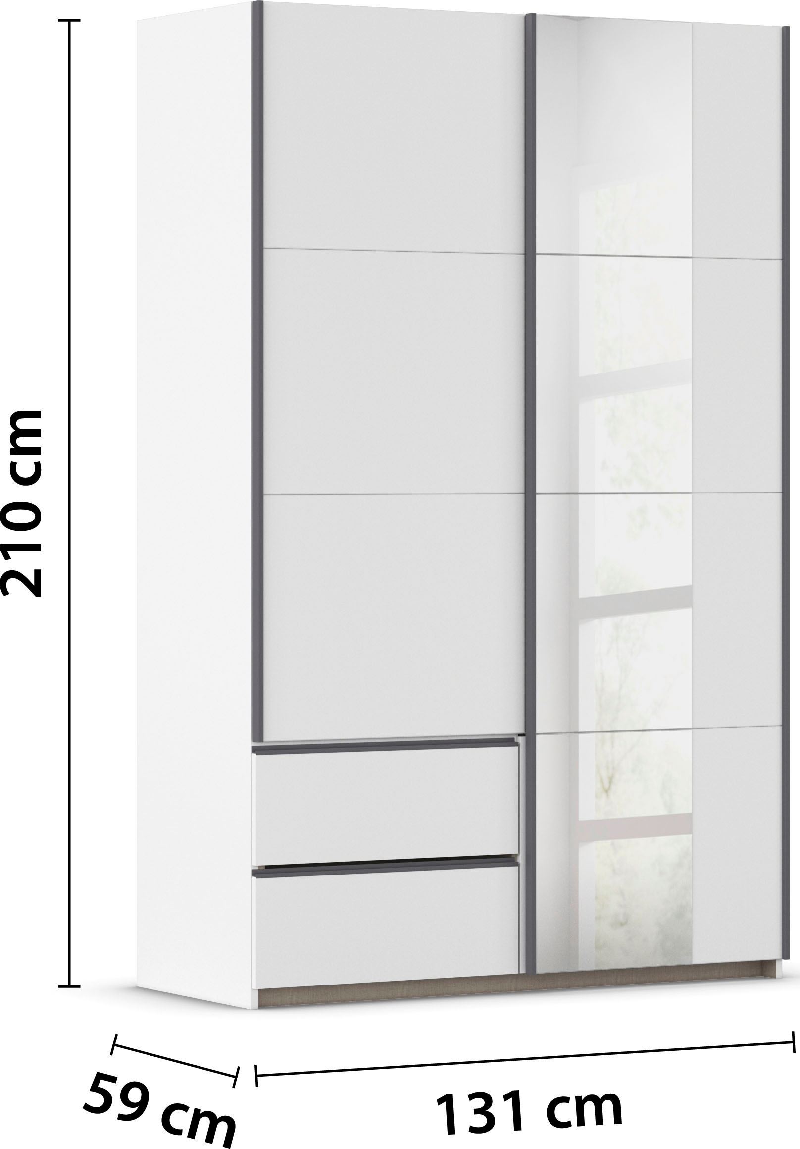 rauch Schwebetürenschrank »Kleiderschrank Schrank Garderobe Wäscheschrank SEVILLA mit Spiegel«, (in 3 verschiedenen Ausstattungen BASIC/CLASSIC/PREMIUM), Metall-Griffleisten alufarben oder Graumetallic MADE IN GERMANY