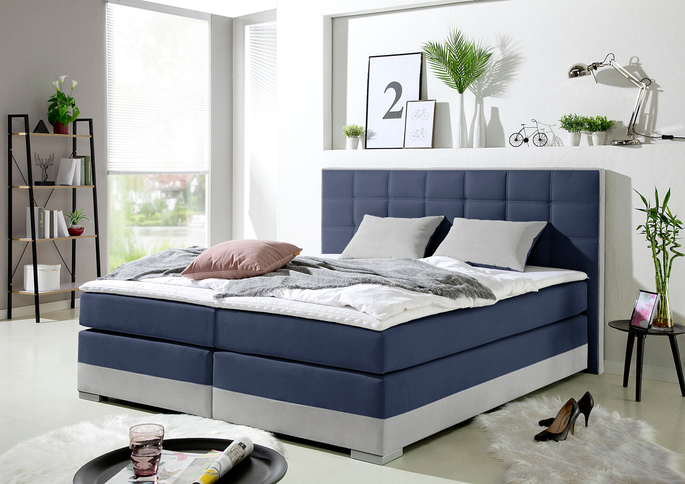 Boxspringbett HOME AFFAIRE, blau, B:193cm L:210cm, Komplettbetten, Boxspringbett, inklusive Topper und Wendekissen 7
