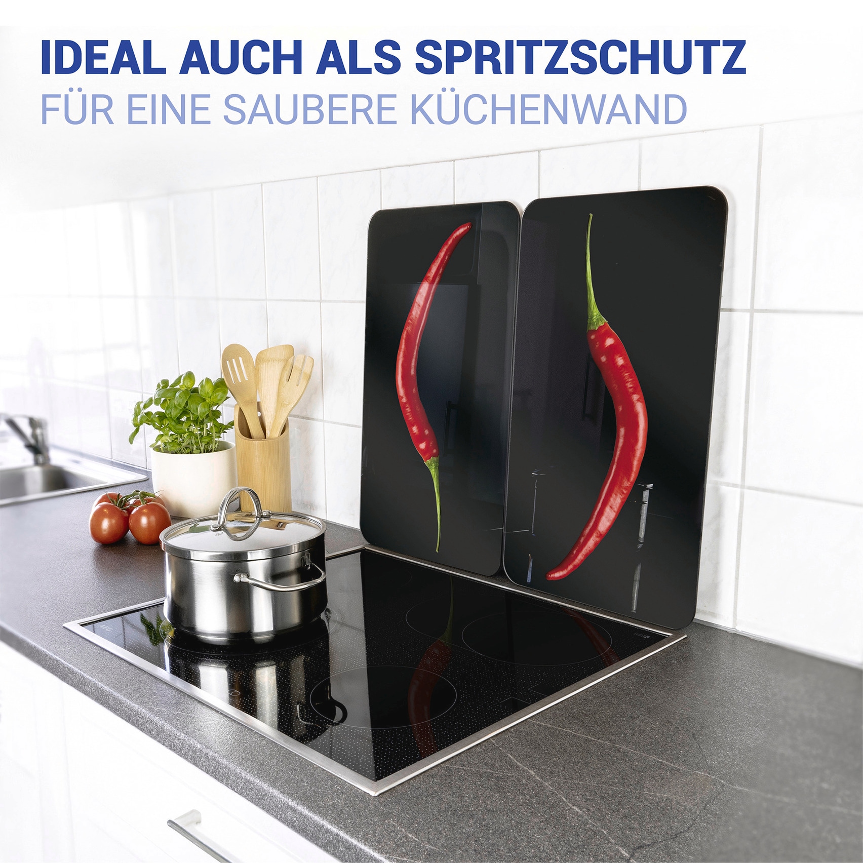 WENKO Herd-Abdeckplatte »Universal Modell Hot Peperoni«, (Set, 2 tlg.), Herdabdeckung für alle Herdarten, kratzfest, mit rutschfesten Füßen